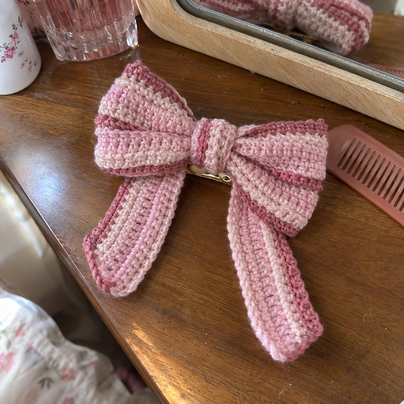 Coquette Bow Hair Clip: handmade crochet in ballet pink