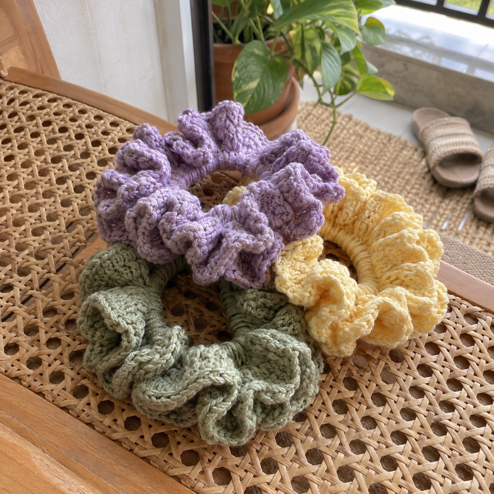 Cloud Scrunchie Trio: handmade crochet in lilac, butter, sage