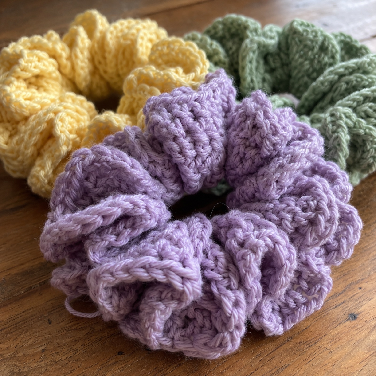 Close-up of the dense ruffles of the lilac scrunchie on the Cloud Scrunchie Trio