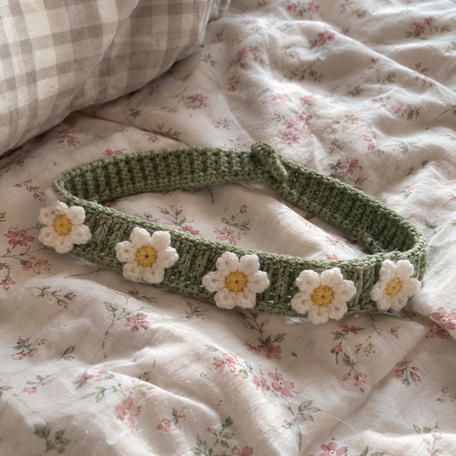 Daisy Chain Headband: handmade crochet in sage, white, yellow