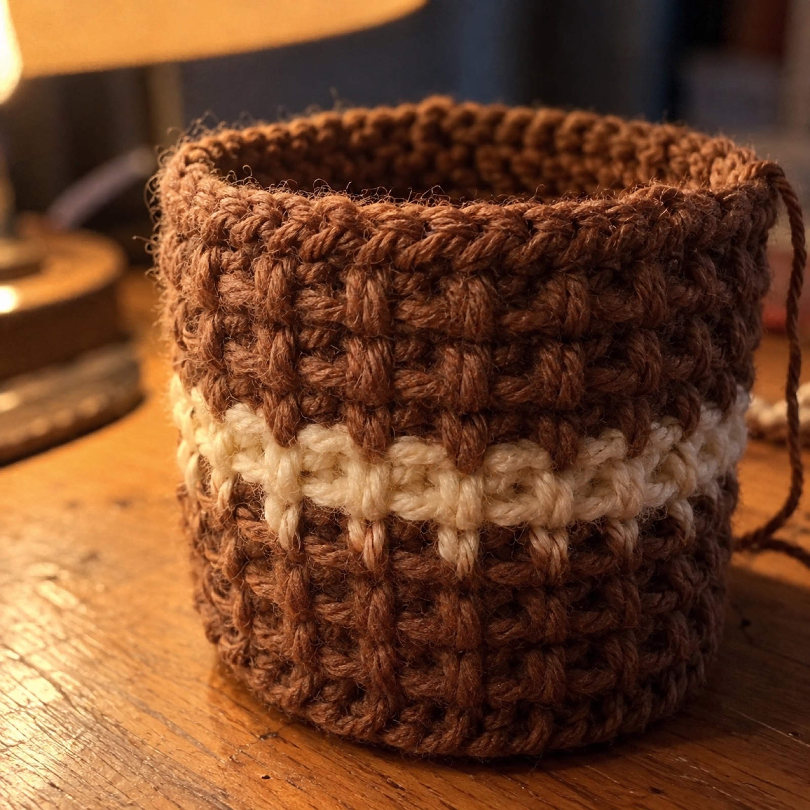 Close-up of the waffle-stitch texture and cream stripe on the Café Cup Sleeve