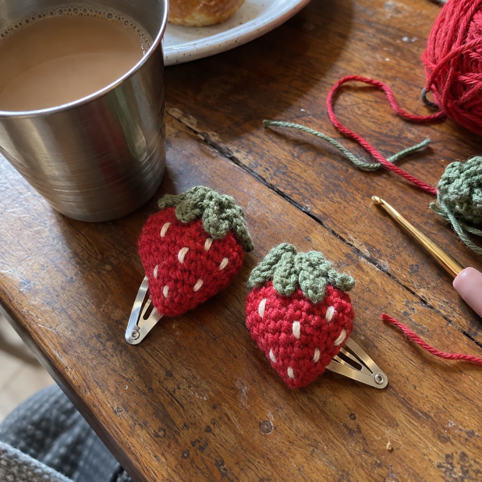 Strawberry Hair Clips (Pair): handmade crochet in strawberry red, leaf green