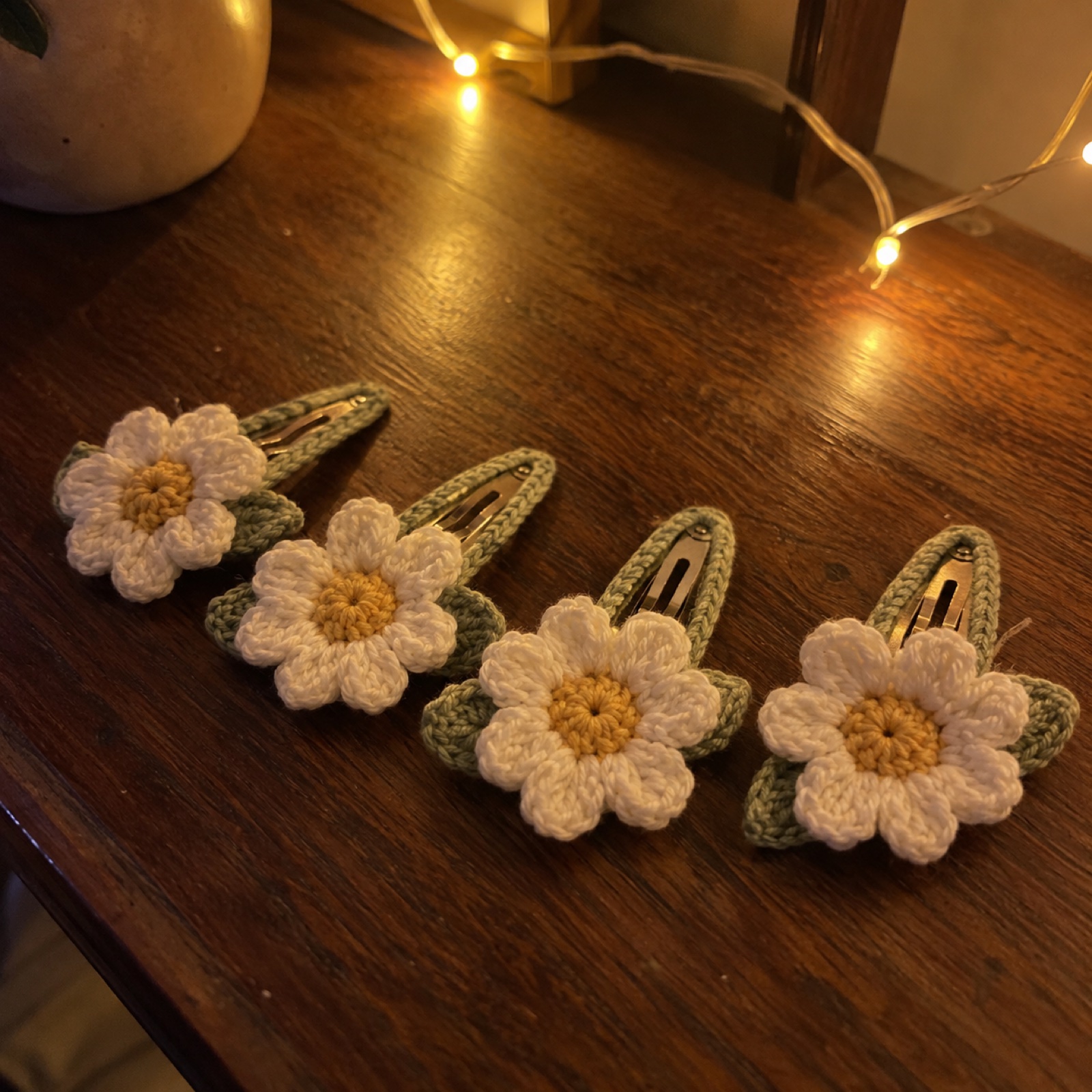 Daisy Snap Clips (Set of 4): handmade crochet in white, yellow, sage