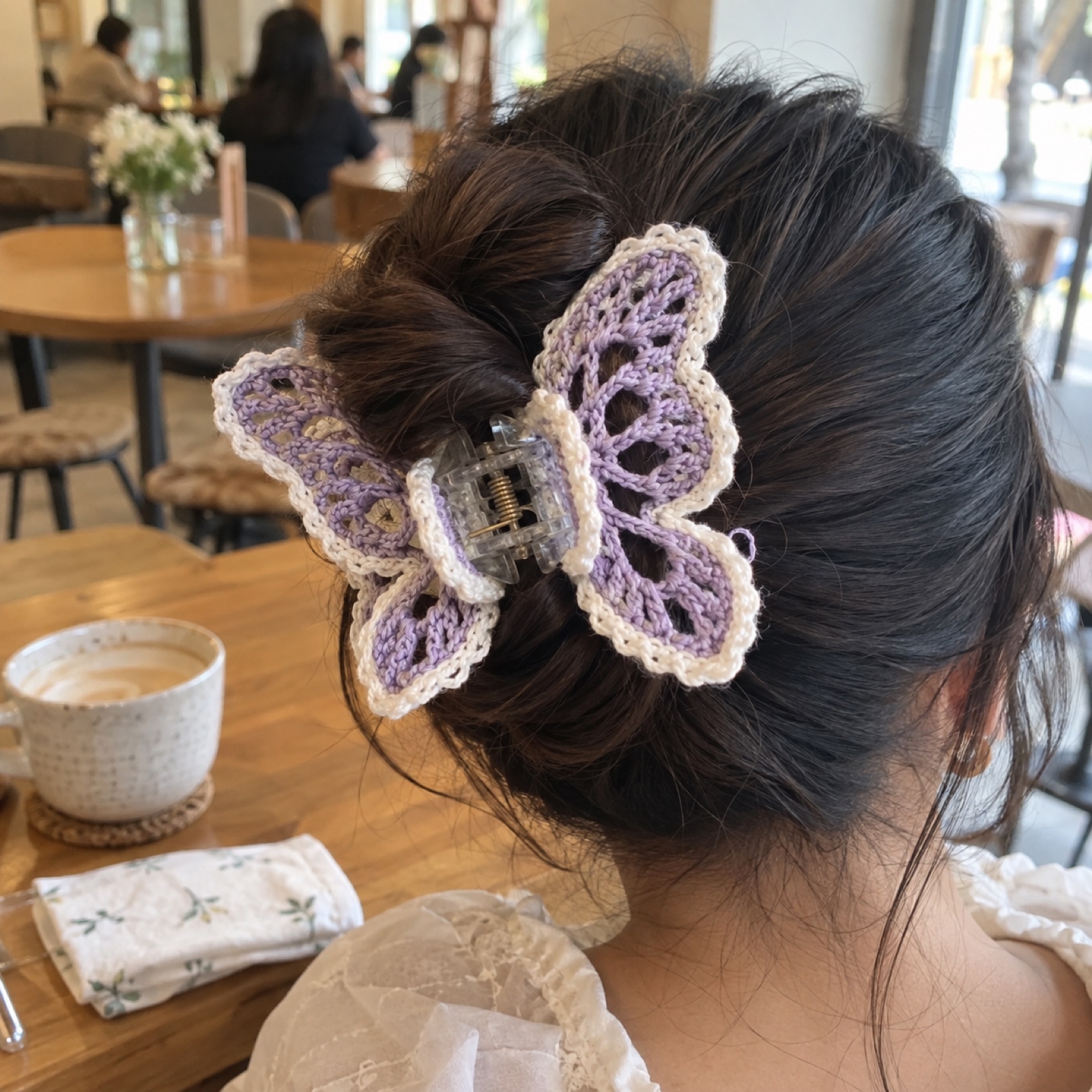 Butterfly Claw Clip: handmade crochet in lilac, cream