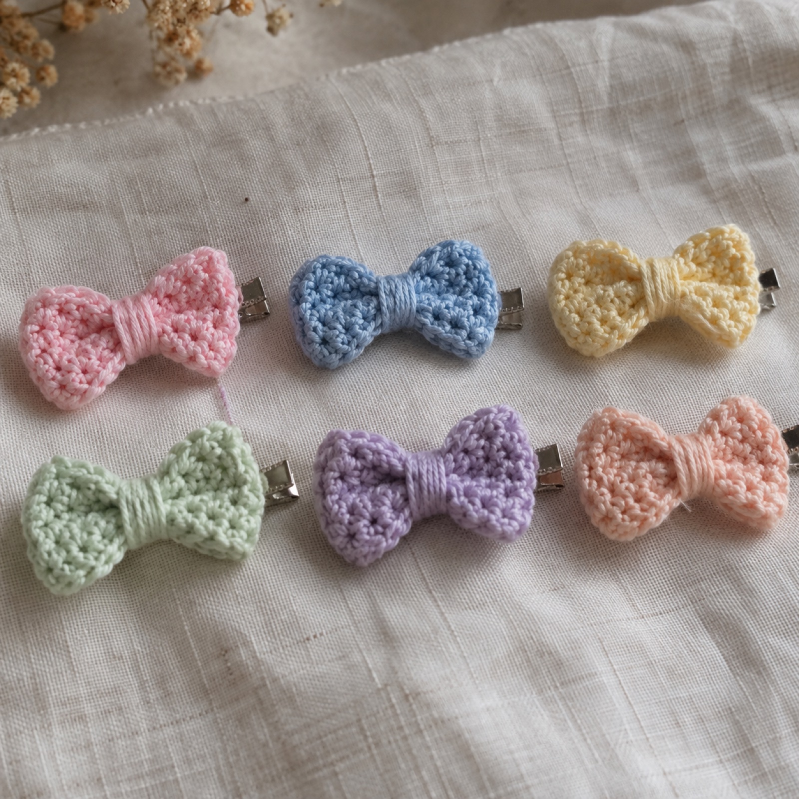 Pastel Bow Clips (Set of 6): handmade crochet in pink, sky blue, butter, mint, lilac, peach
