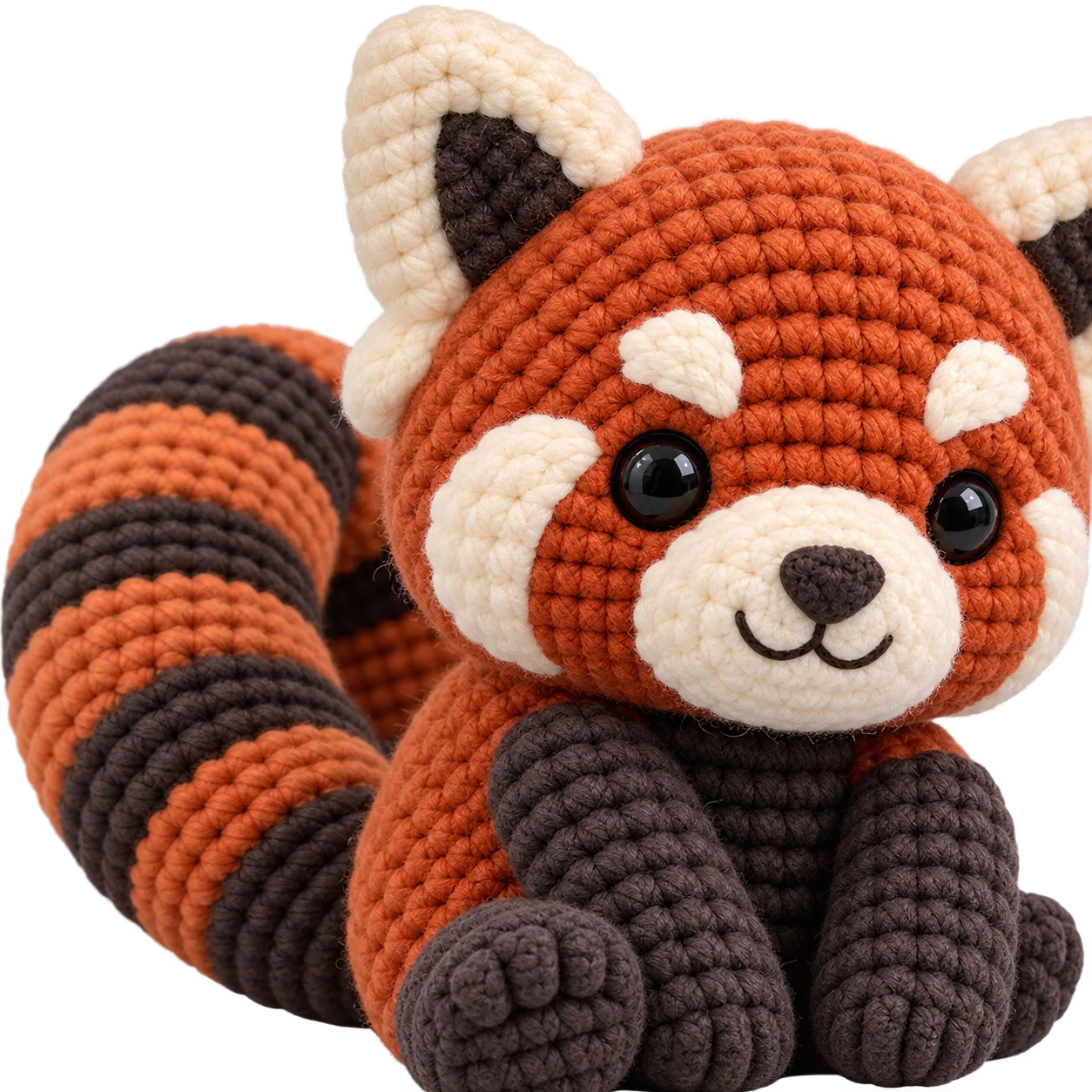 Close-up of the ringed tail stripes and the embroidered cream cheek patch on the Red Panda Amigurumi