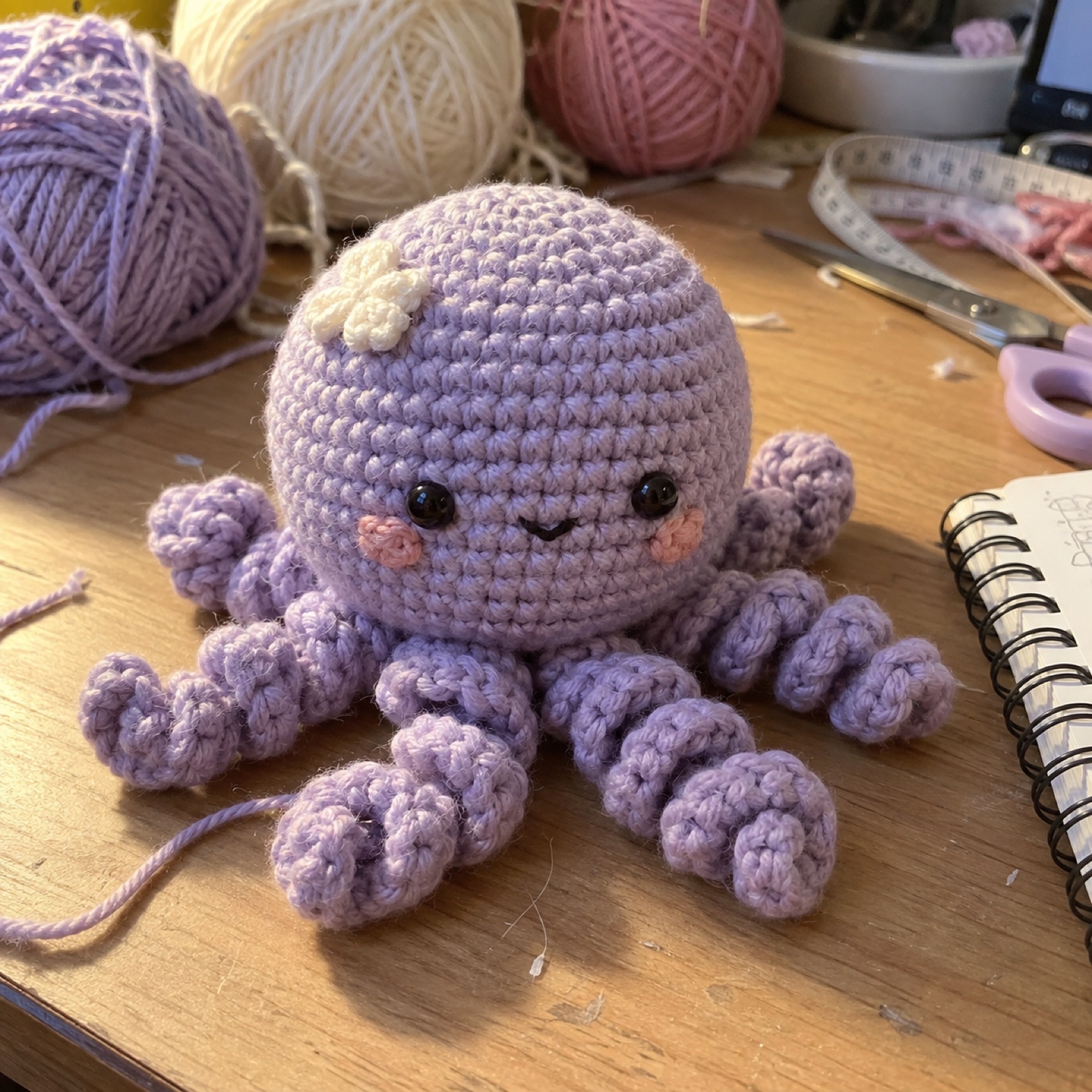 Octavia the Mood Octopus: handmade crochet in lilac, cream, rose