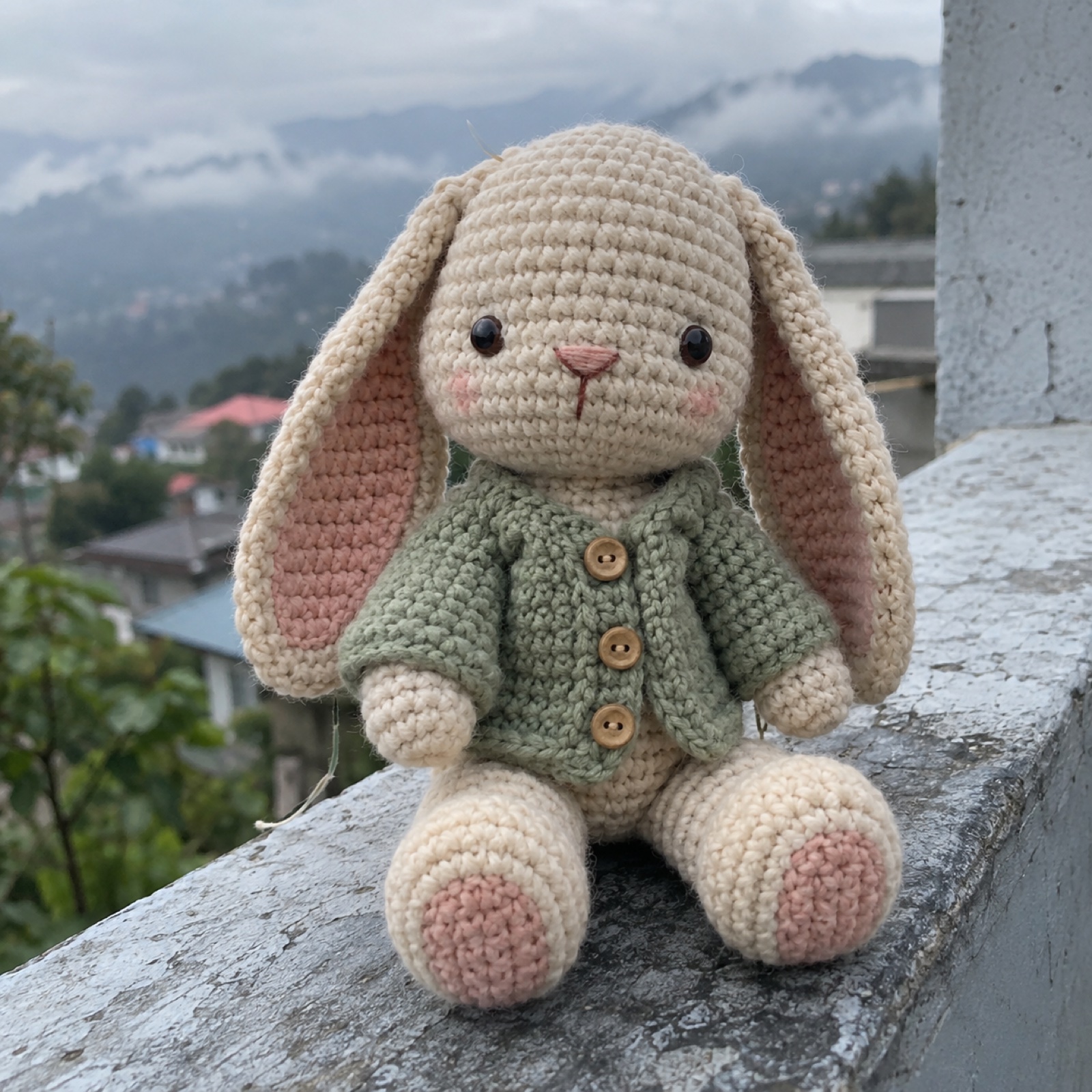 Bunny in a Cardigan: handmade crochet in oat, sage, blush