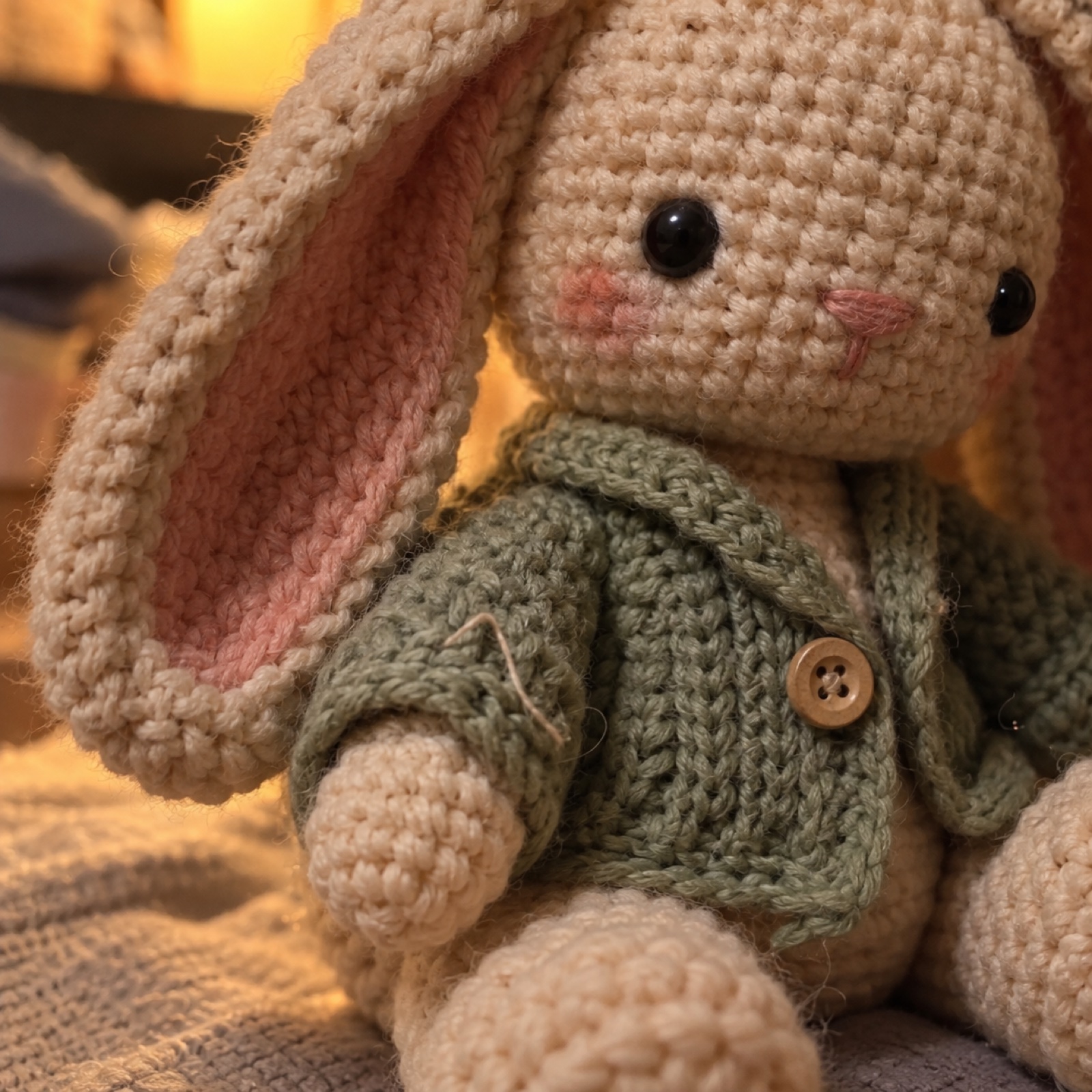 Close-up of the cardigan's half-double crochet ribbing and tiny wooden button on the Bunny in a Cardigan