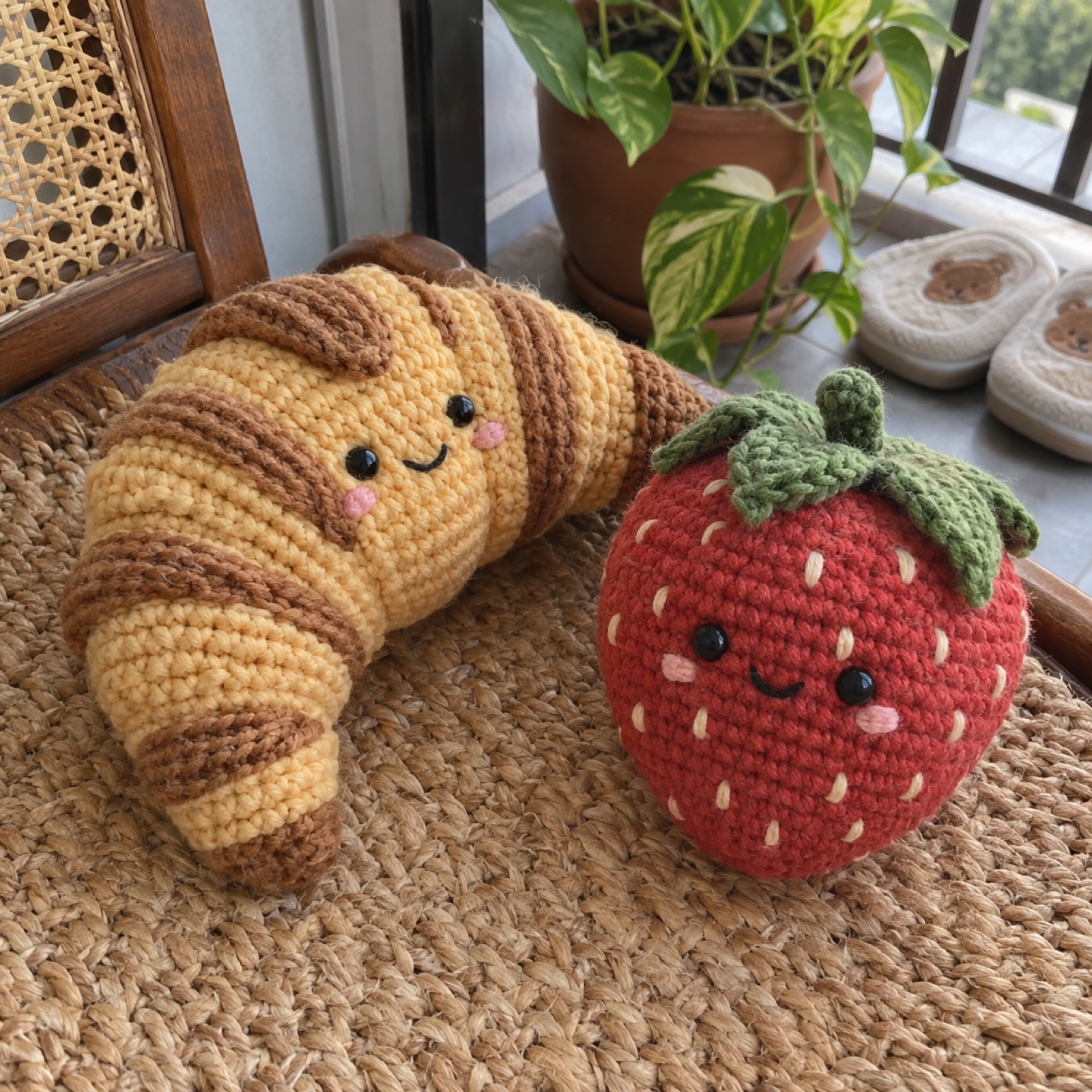 Strawberry & Croissant Snack Plush Set: handmade crochet in butter, toasted brown, strawberry red, leaf green