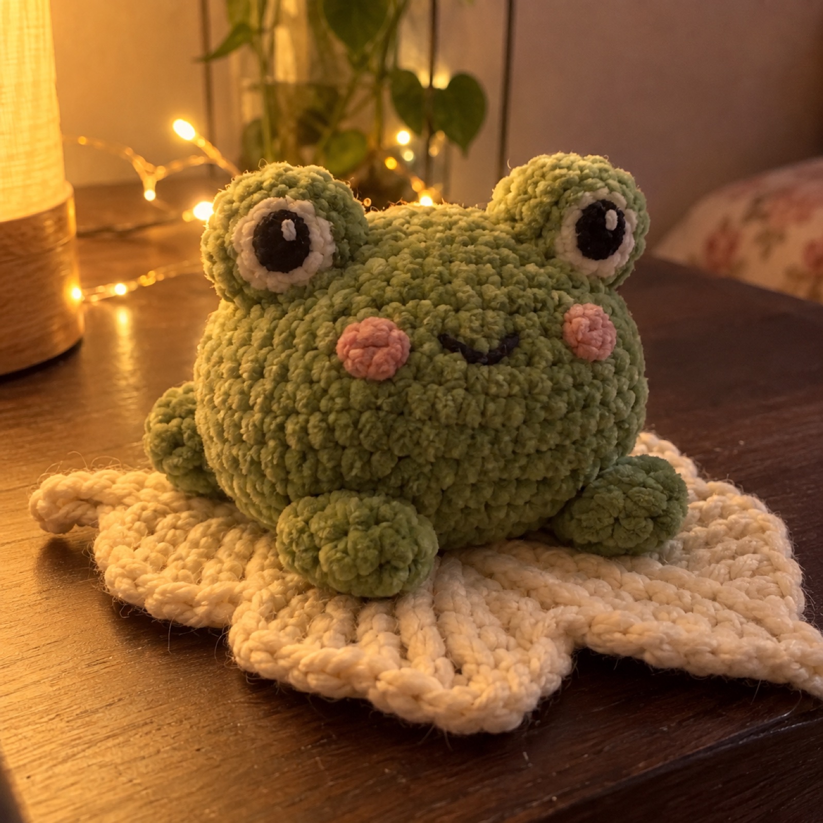 Bean Frog Fidget Buddy: handmade crochet in moss green, cream, rose