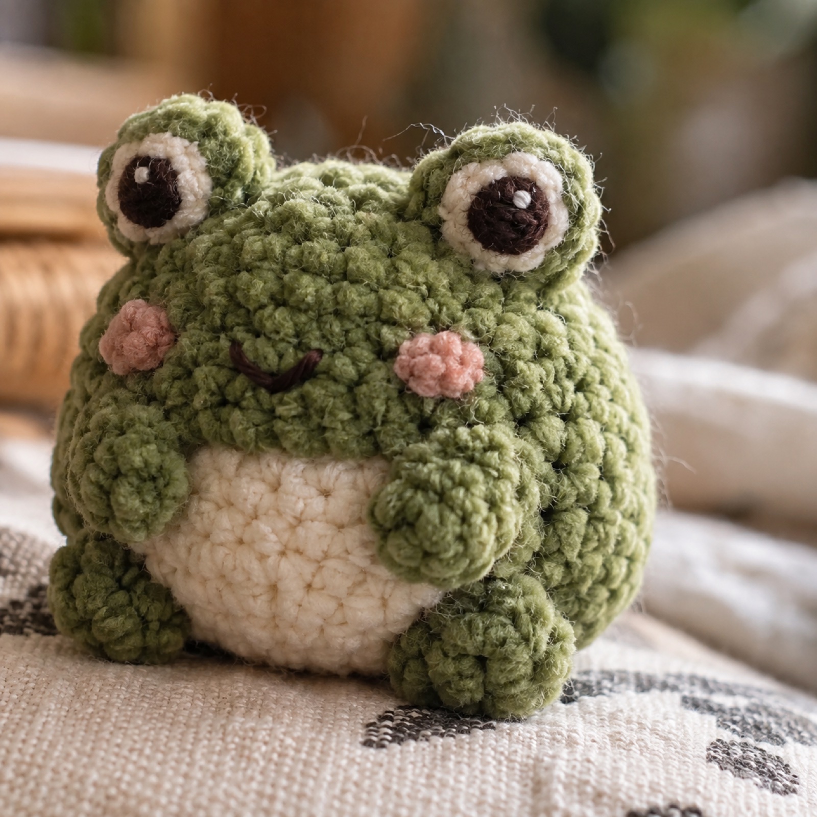 Close-up of the plush velvet chenille texture of the frog's back and eye bumps on the Bean Frog Fidget Buddy