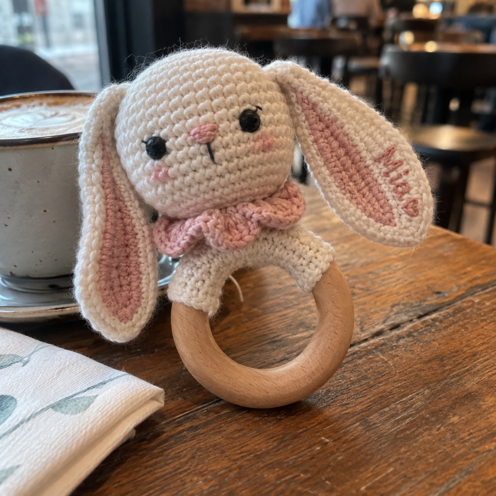 Personalised Bunny Rattle: handmade crochet in cream, blush, natural wood