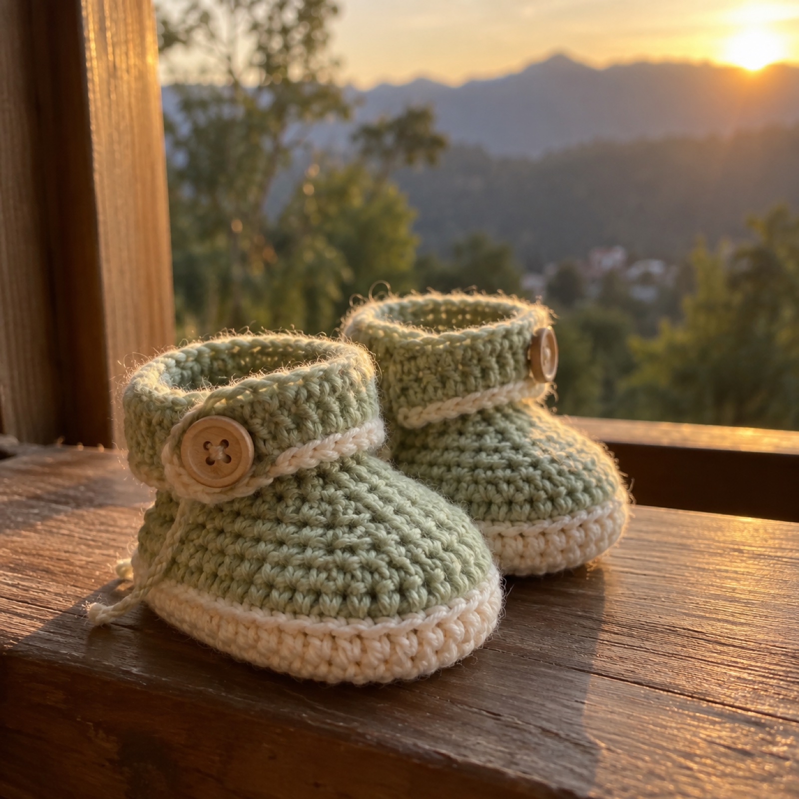 First Steps Booties: handmade crochet in sage, cream