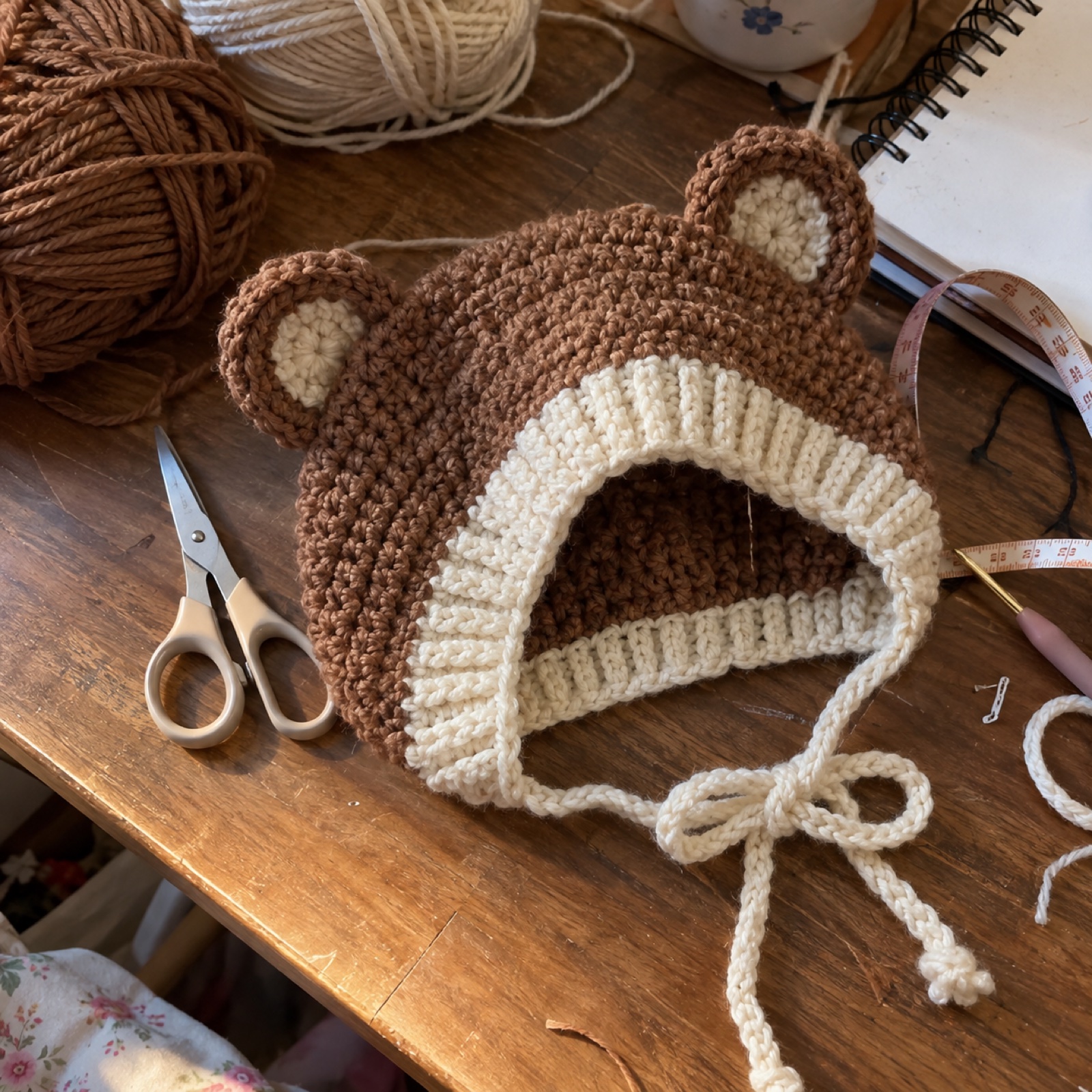Bear Ear Baby Bonnet: handmade crochet in cocoa, cream