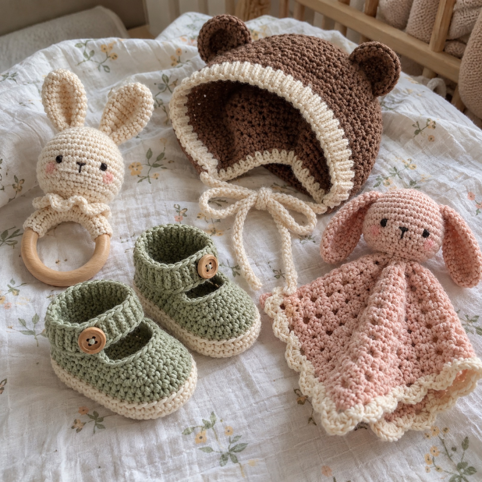 Welcome Baby Gift Box: handmade crochet in cream, sage, blush, cocoa