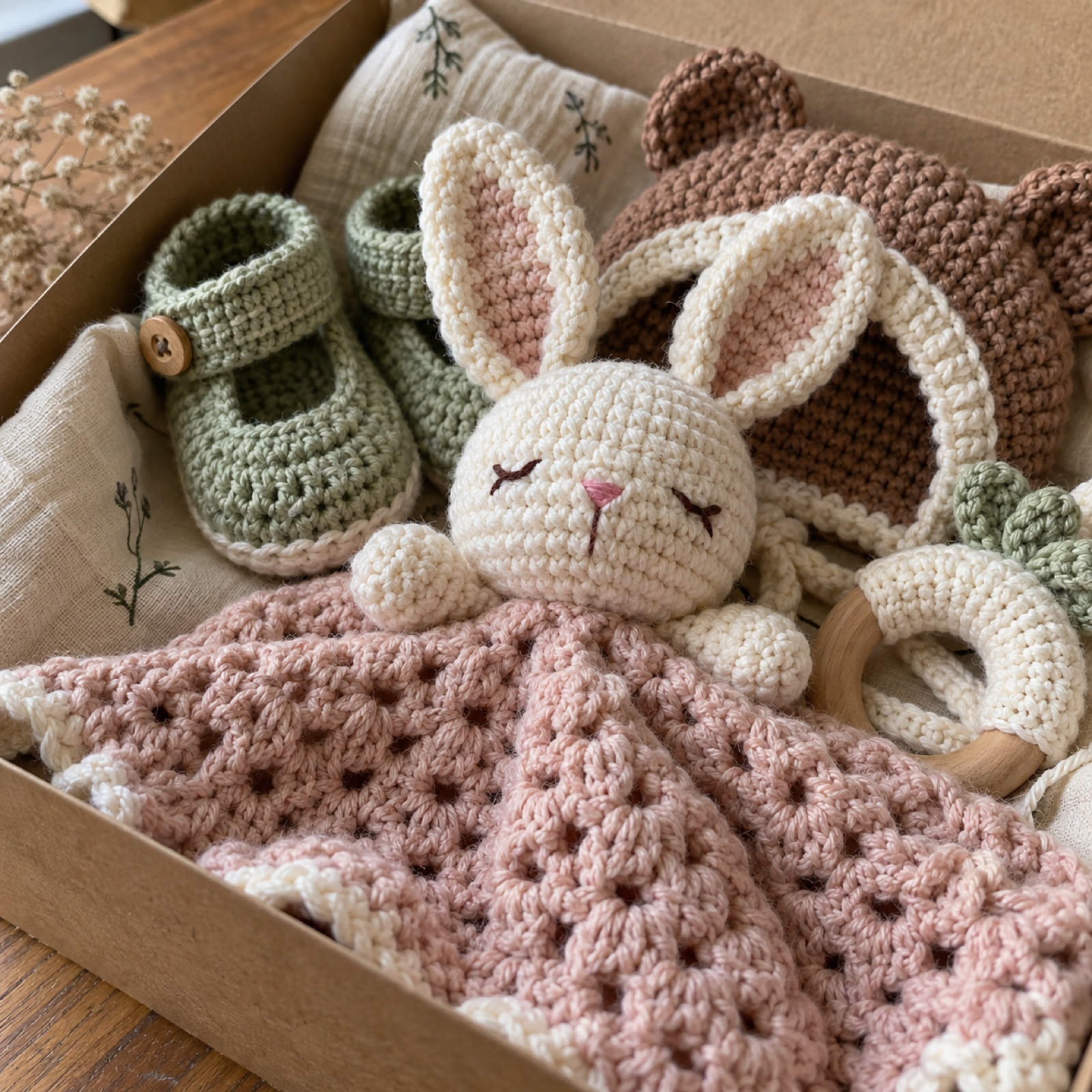Close-up of the bunny lovey's face and soft yarn texture on the Welcome Baby Gift Box