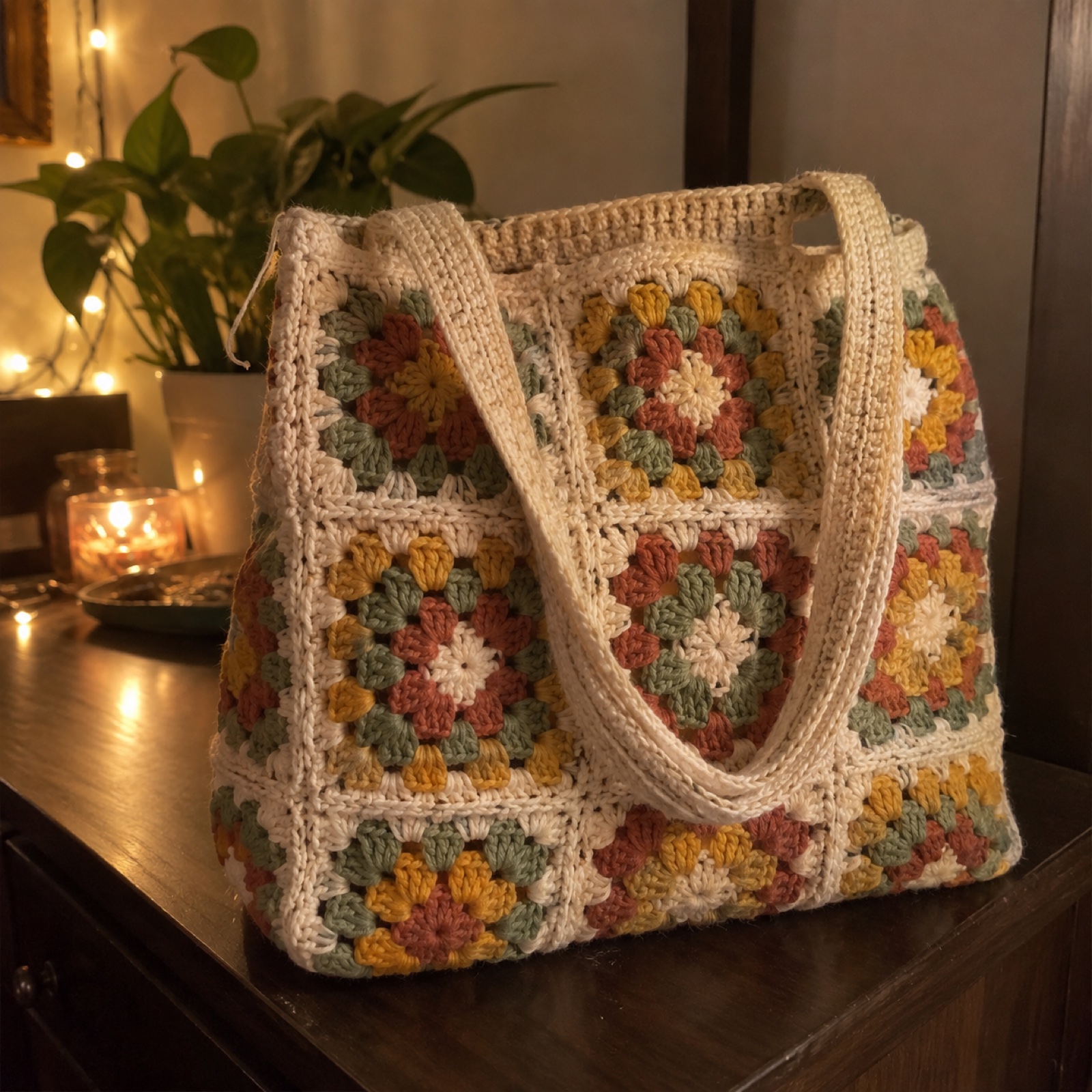 Granny Square Day Tote: handmade crochet in mustard, terracotta, sage, cream