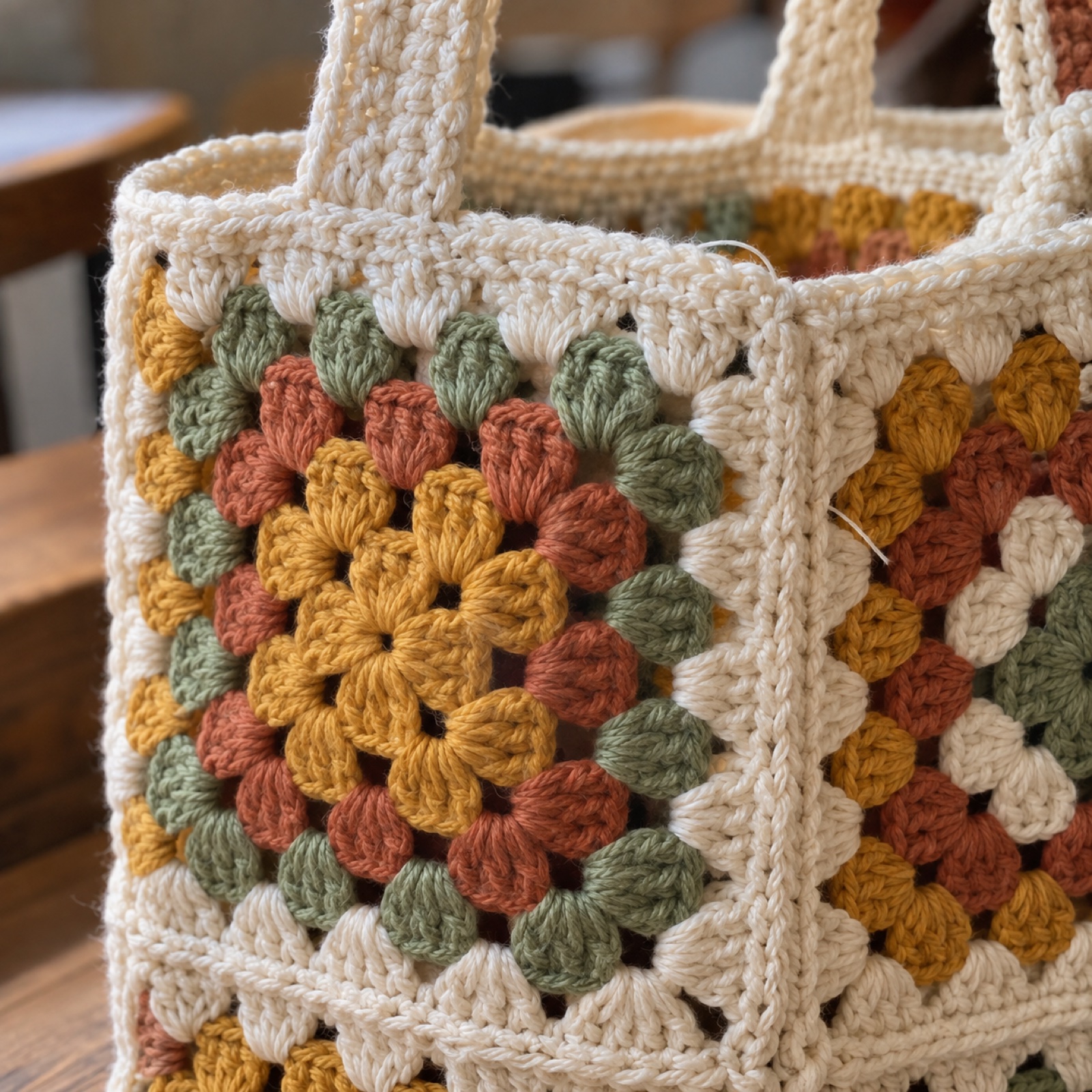 Close-up of the cluster stitches and join seam between two granny squares on the Granny Square Day Tote