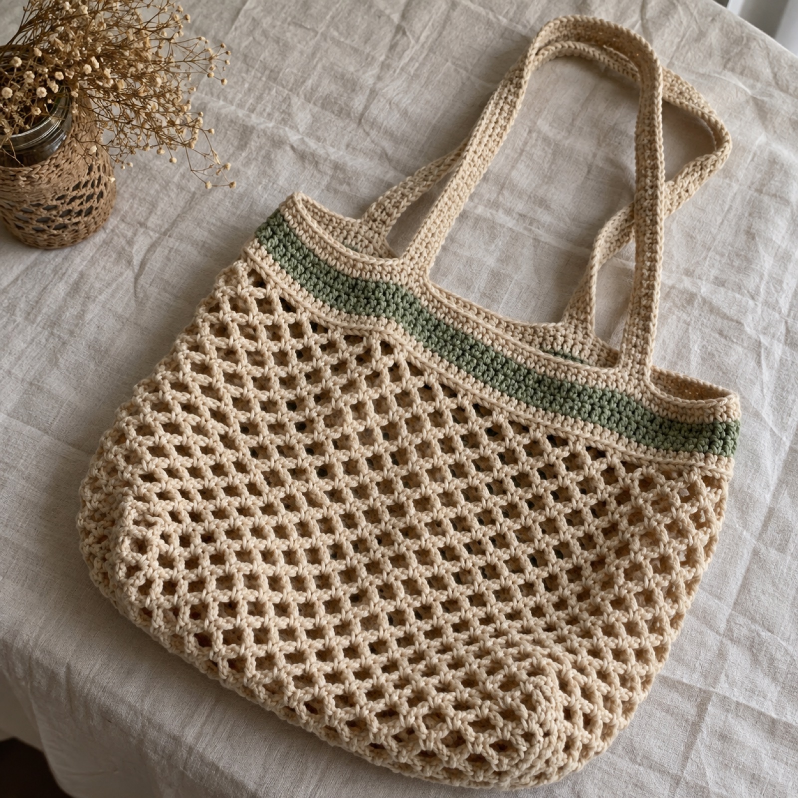 Market Mesh Tote: handmade crochet in oat, sage