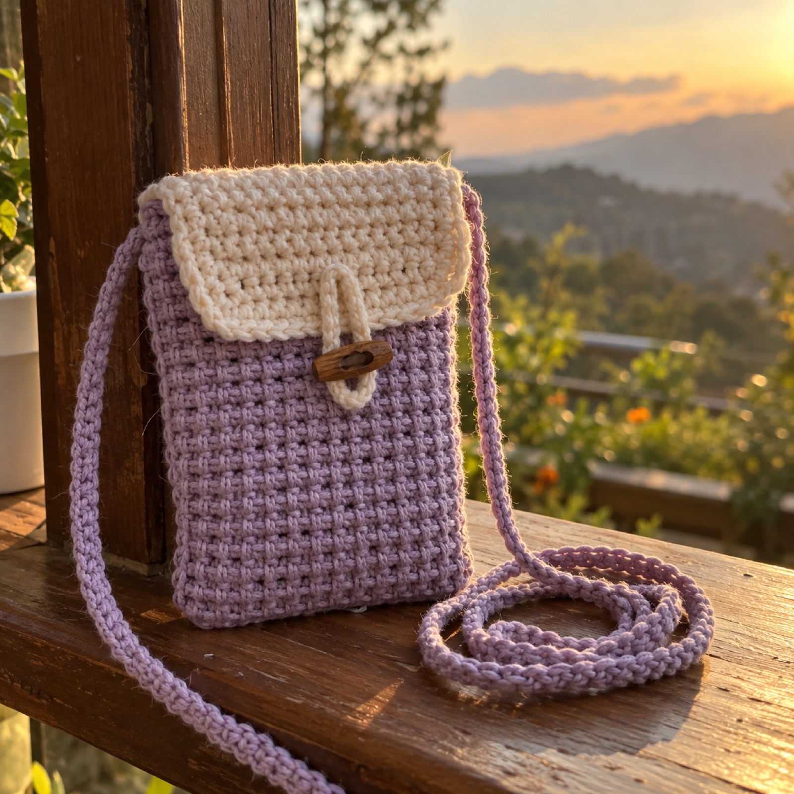 Crossbody Phone Bag: handmade crochet in lilac, cream
