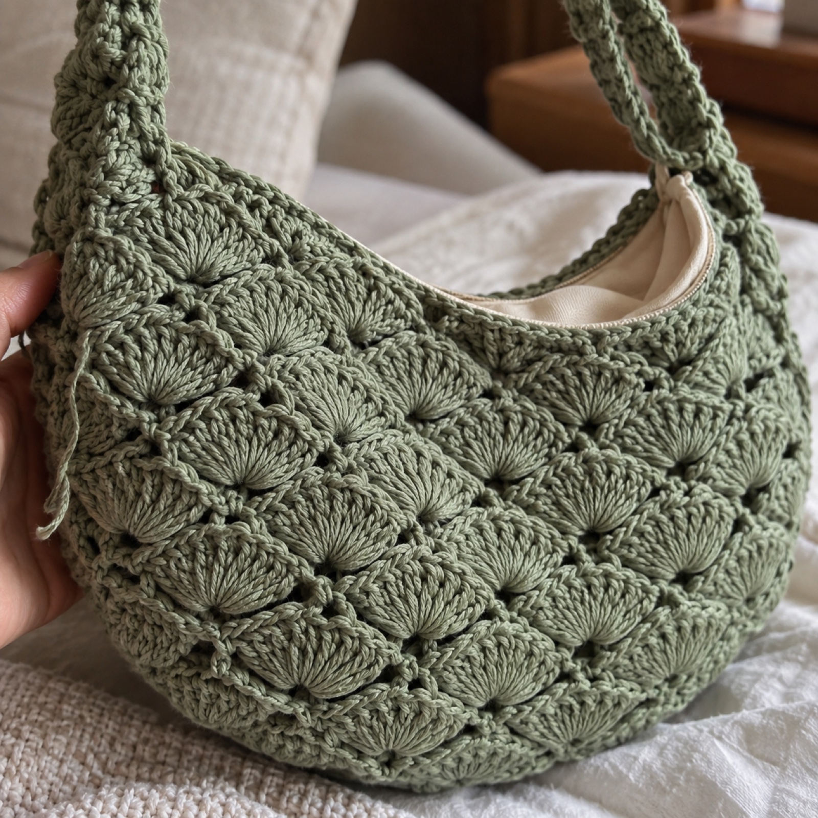 Close-up of rows of scalloped shell stitches on the Sage Shell-Stitch Sling