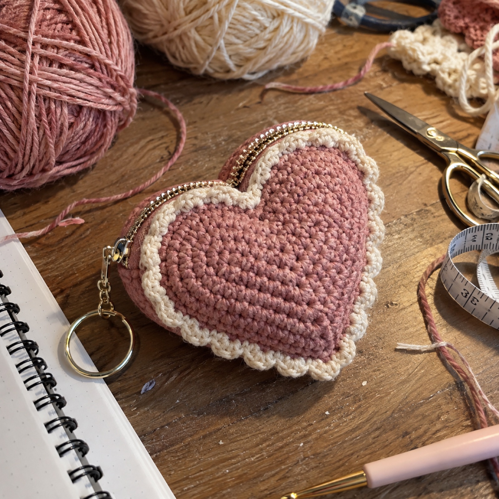Little Heart Coin Purse: handmade crochet in rose, cream