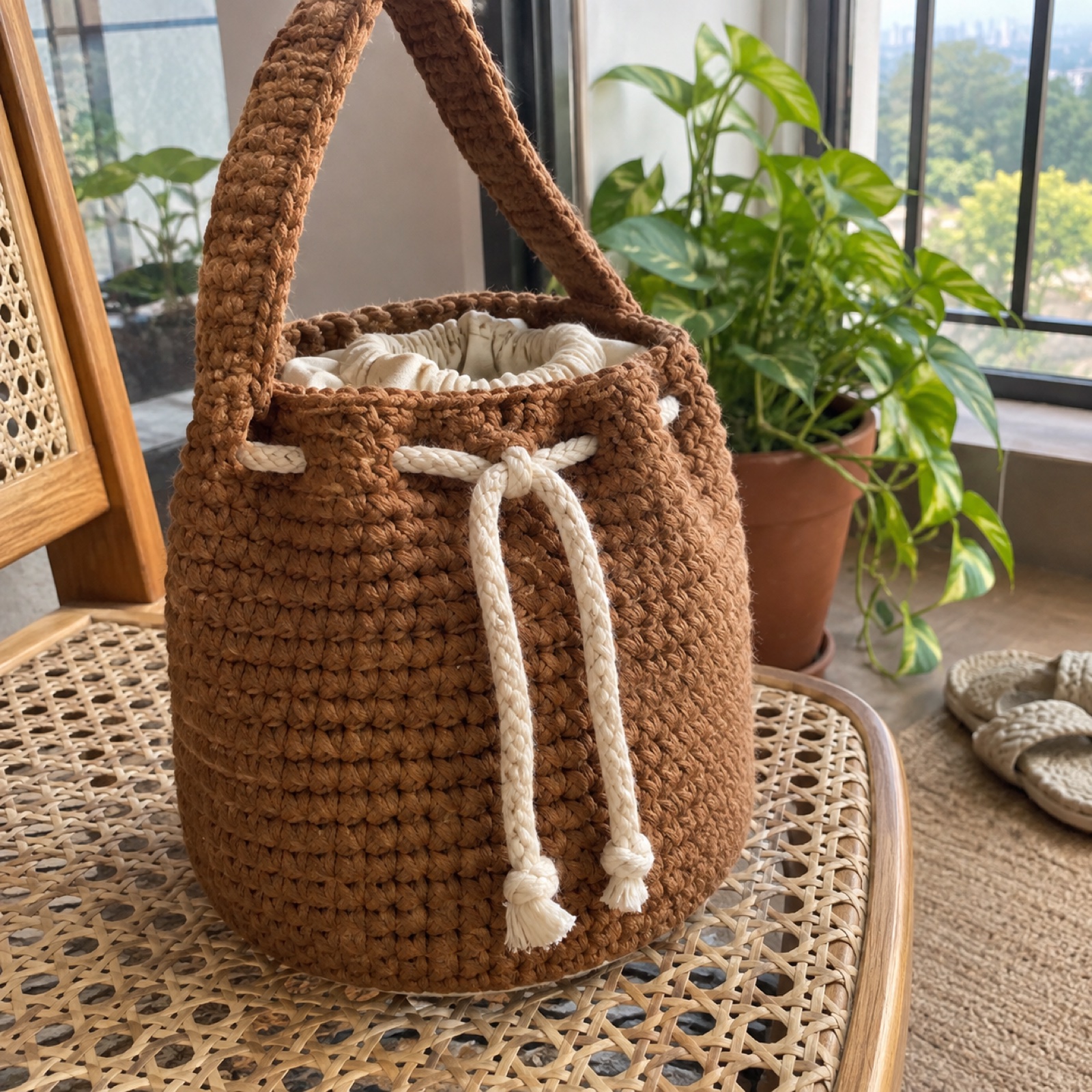 Chunky Cord Bucket Bag: handmade crochet in caramel, cream