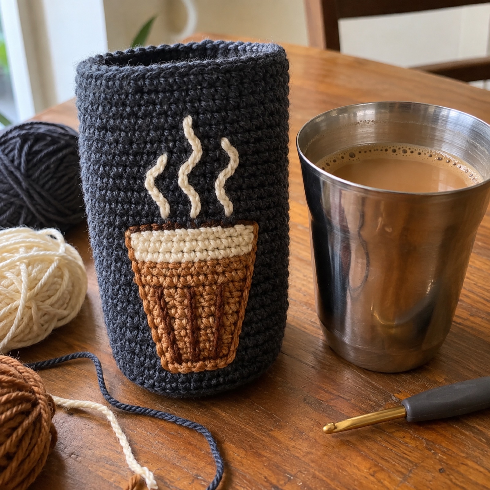 Ek Cutting Chai Sleeve: handmade crochet cutting chai glass sleeve with a ek cutting chai appliqué