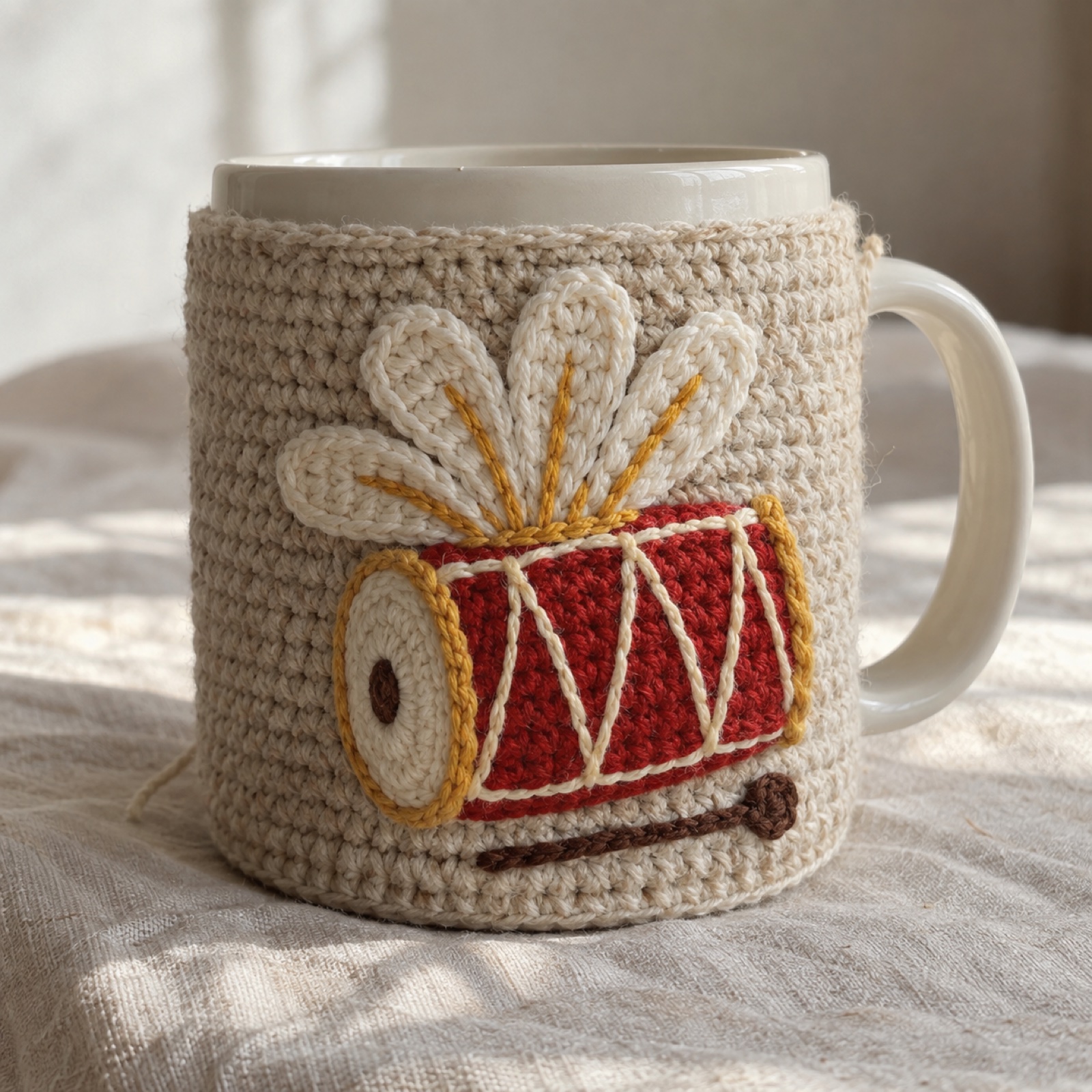Dhaak Beat Mug Cozy: handmade crochet mug cozy with a dhaak beat appliqué