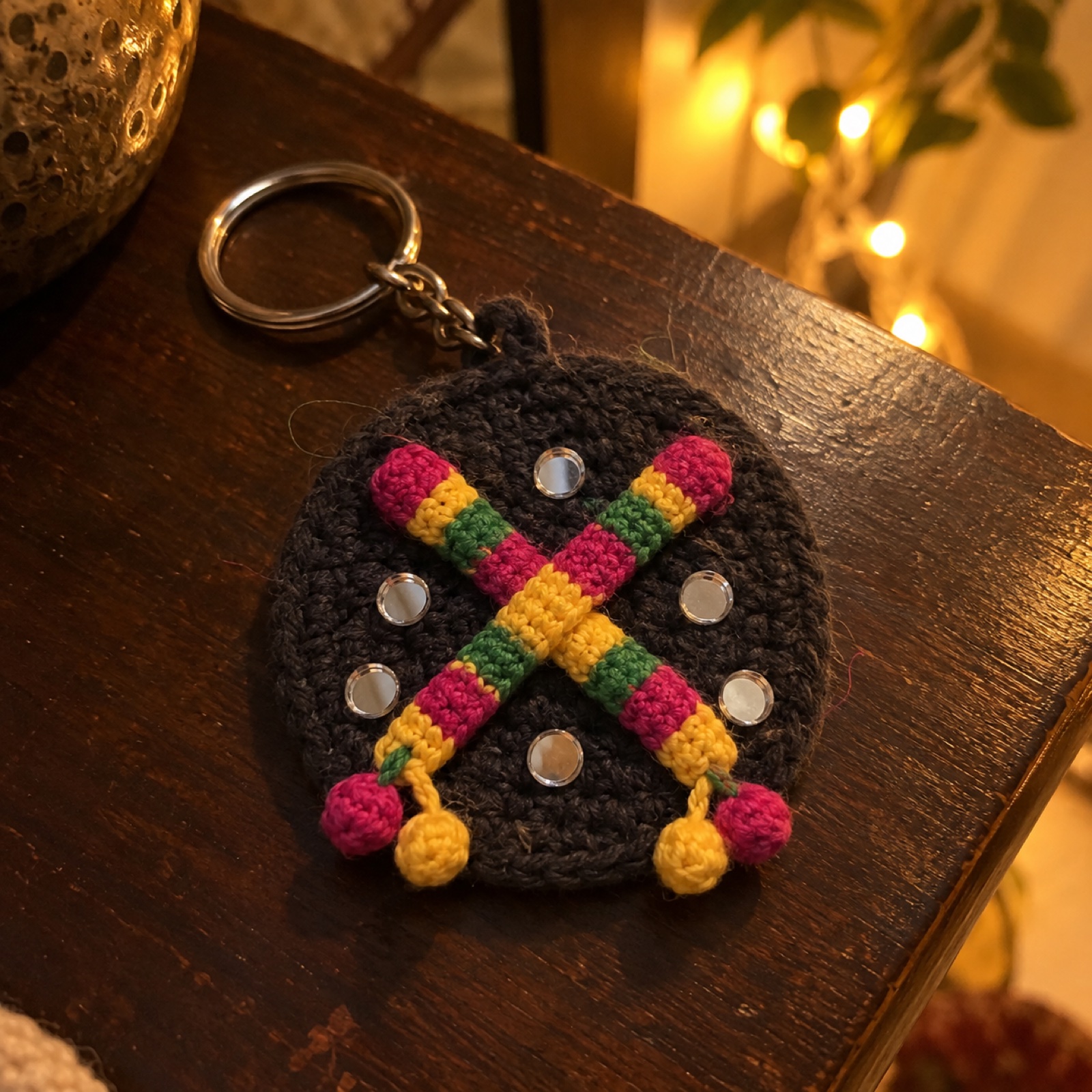Dandiya Night Keychain: handmade crochet keychain / bag charm with a dandiya night appliqué