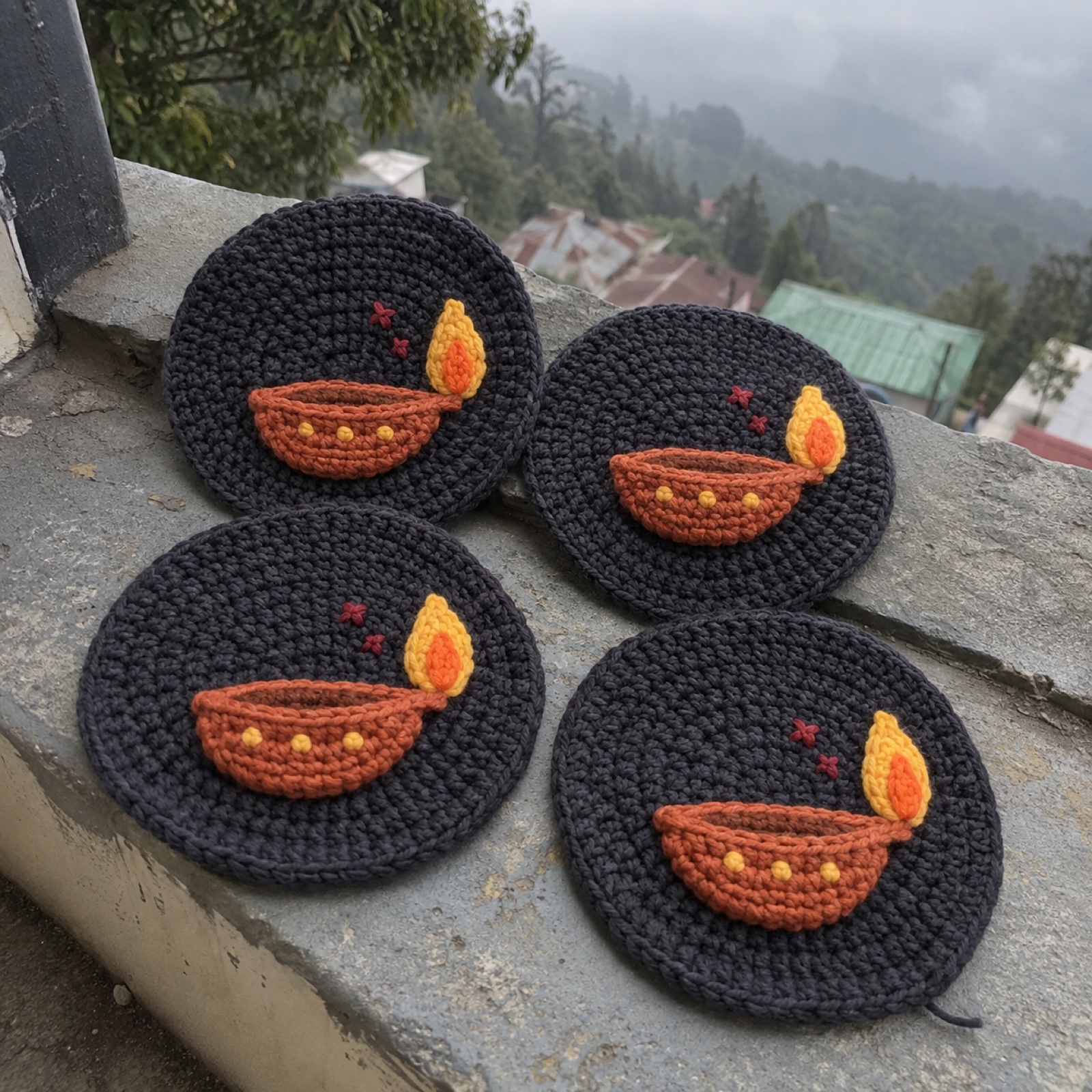 Little Diya Coaster Set: handmade crochet round coaster with a little diya appliqué