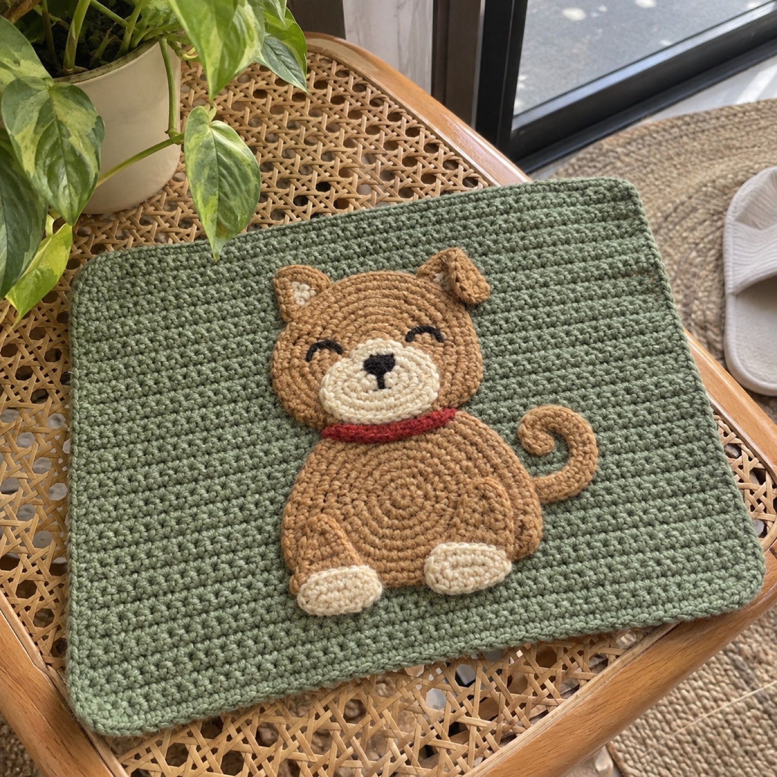 Indie Doggo Mouse Pad: handmade crochet mouse pad with a desi indie doggo appliqué