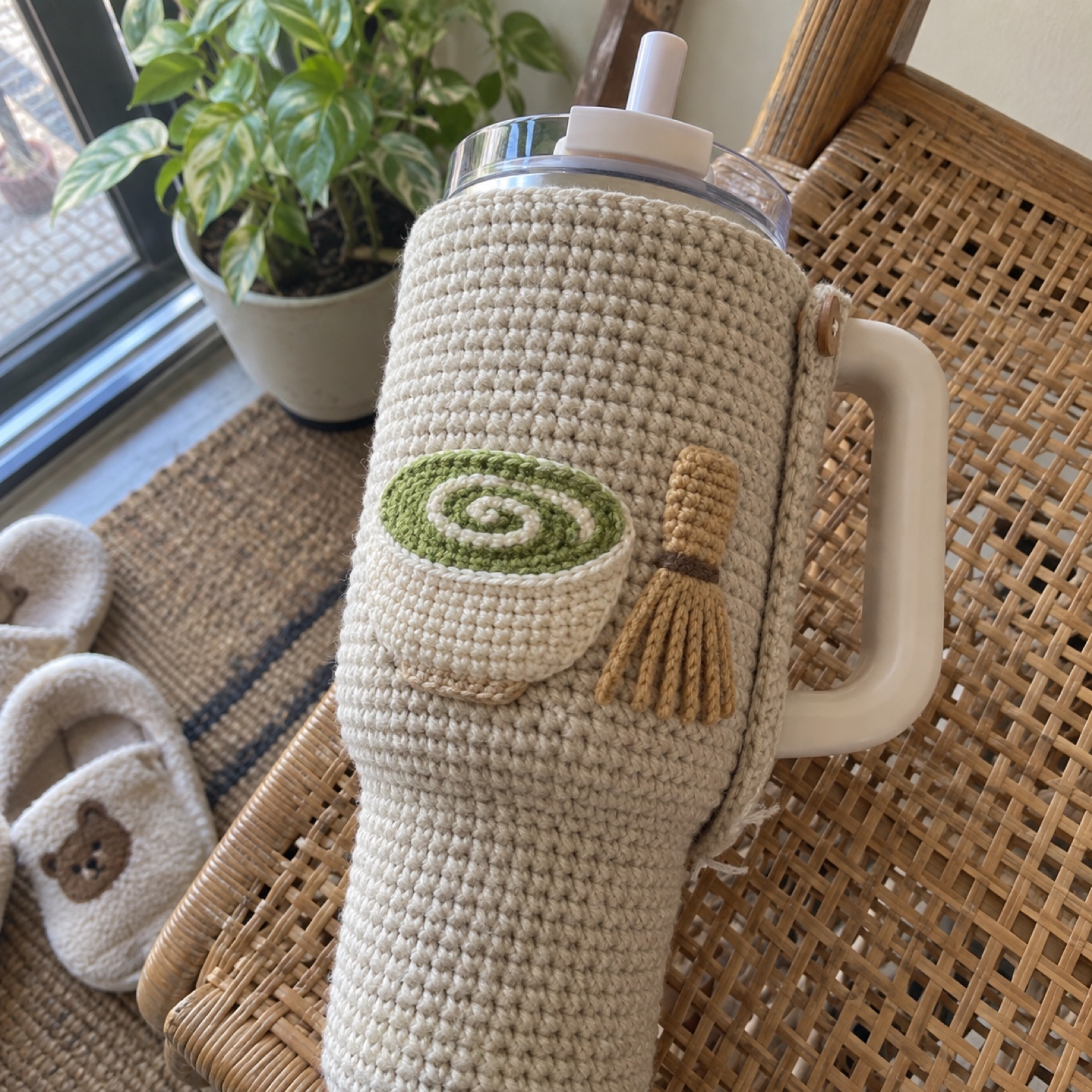 Matcha Moment Tumbler Sleeve: handmade crochet tumbler sleeve with a matcha moment appliqué