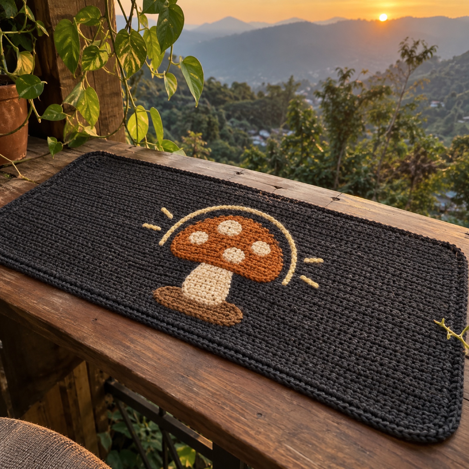 Cosy Mushroom Desk Mat: handmade crochet desk mat with a cosy mushroom lamp appliqué