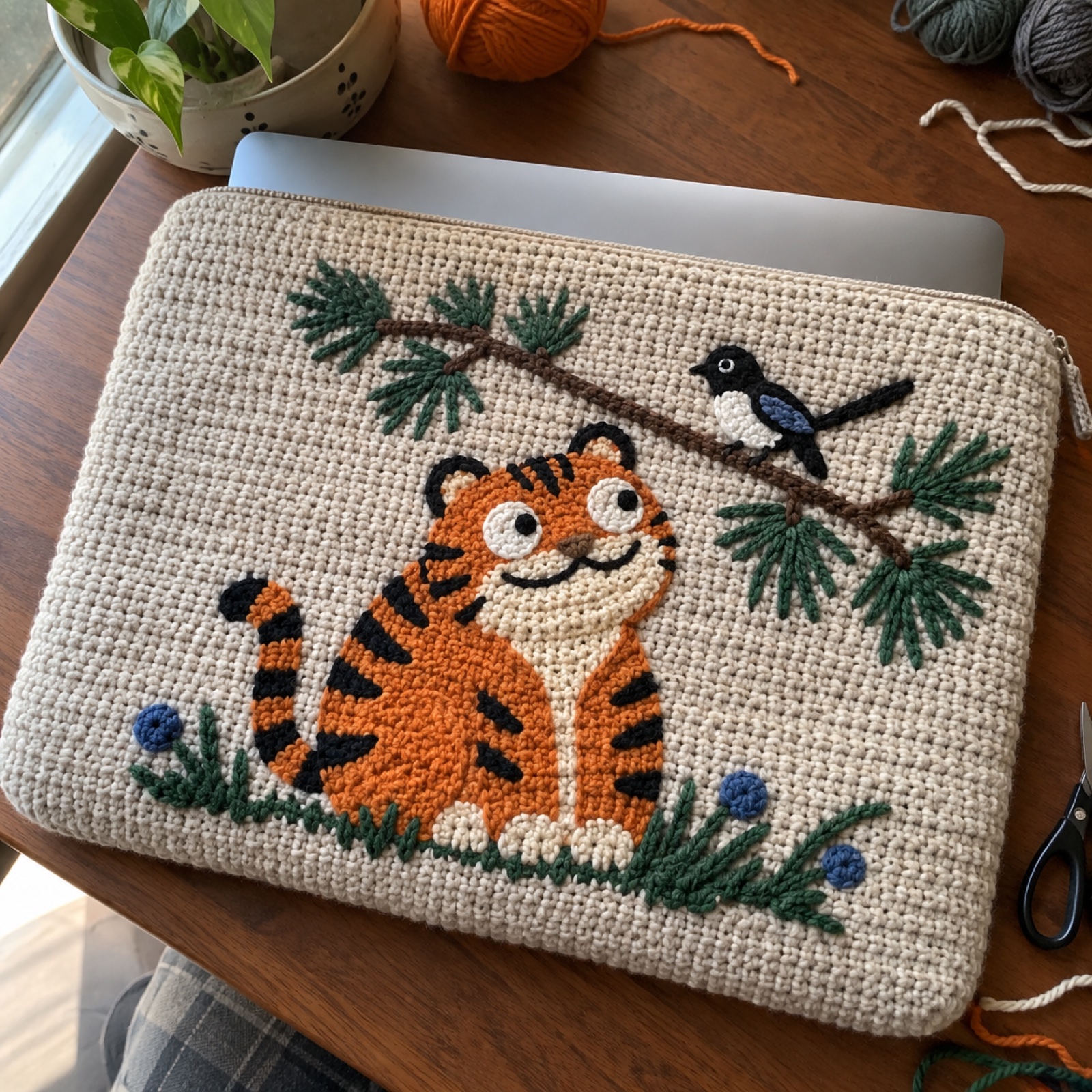Folk Tiger Laptop Sleeve: handmade crochet laptop sleeve with a folk tiger & magpie appliqué