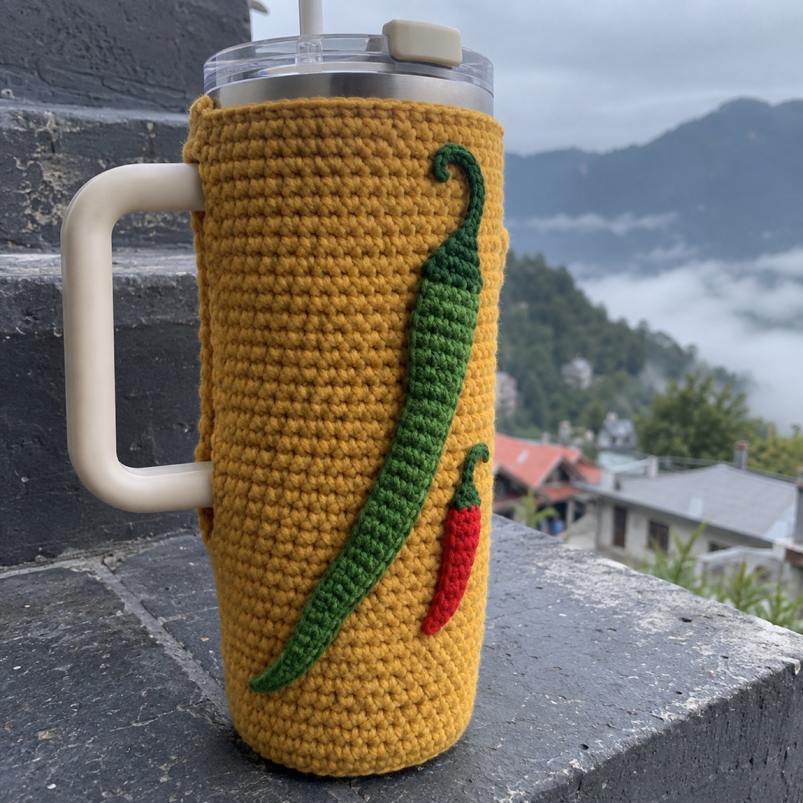 Very Narrow Chilli Tumbler Sleeve: handmade crochet tumbler sleeve with a long chilli (very narrow) appliqué