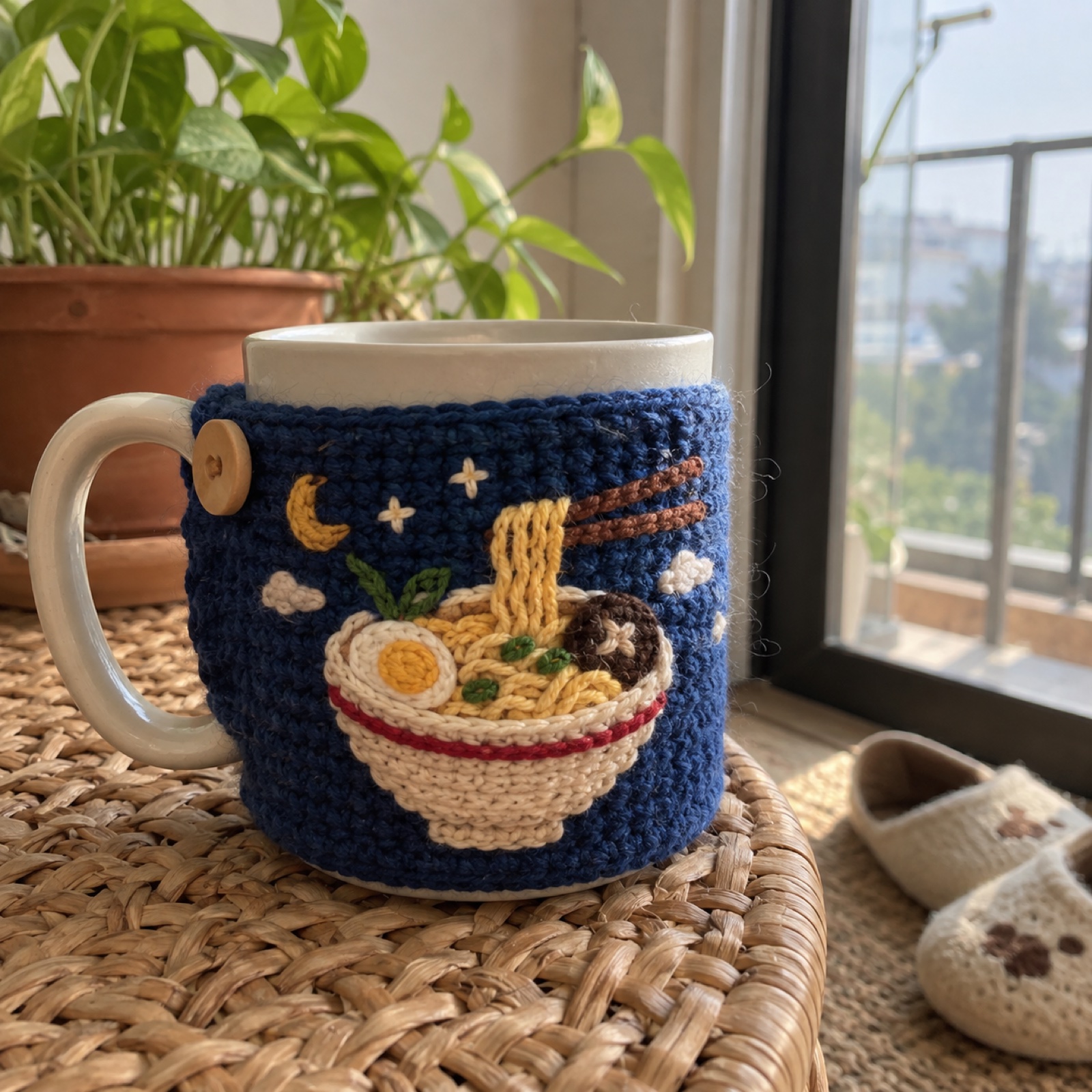 Ramen Night Mug Cozy: handmade crochet mug cozy
