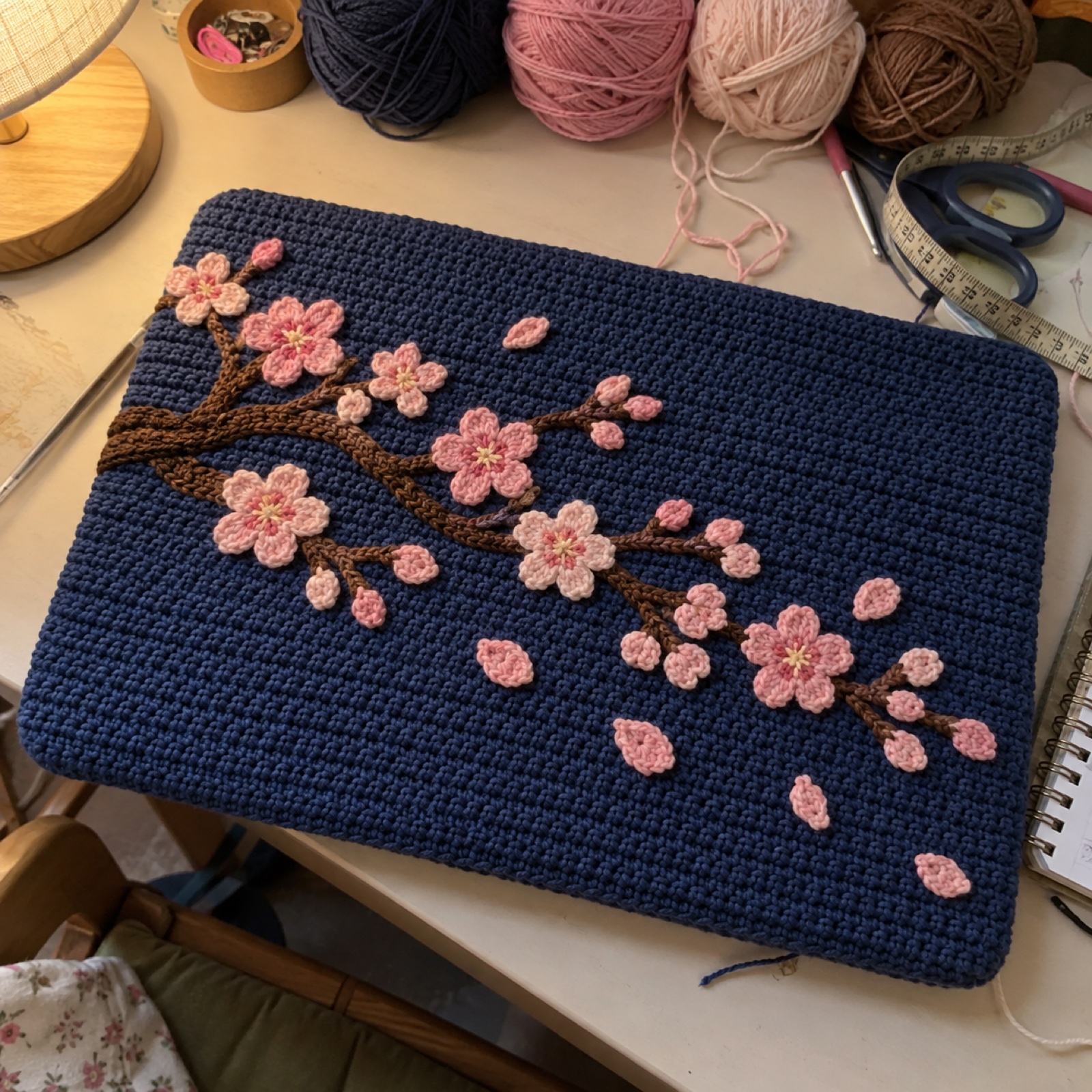 Sakura Laptop Lid: handmade crochet laptop top cover