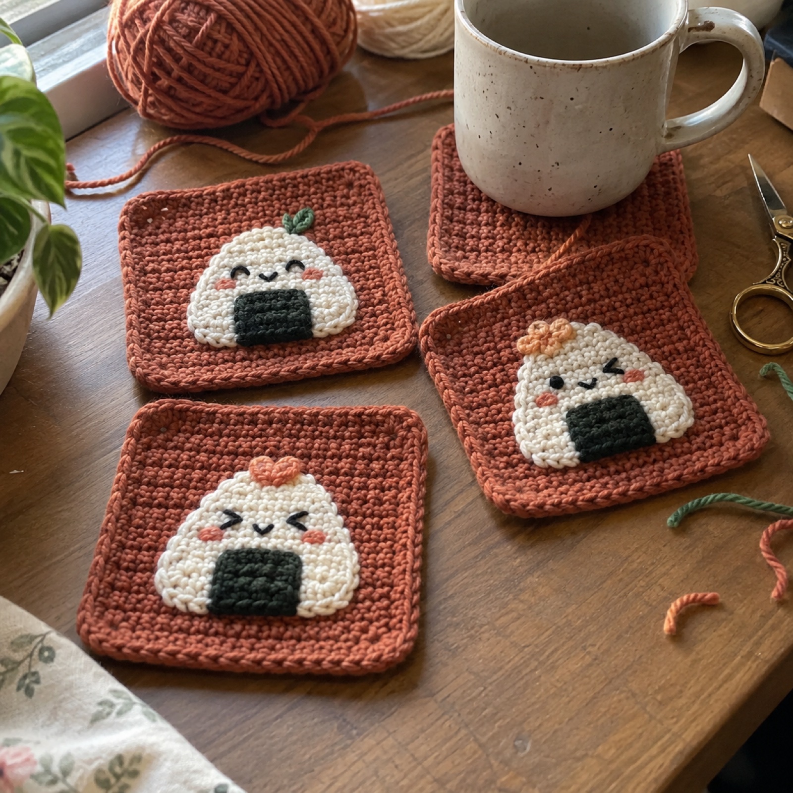 Onigiri Buddy Coasters: handmade crochet square coaster