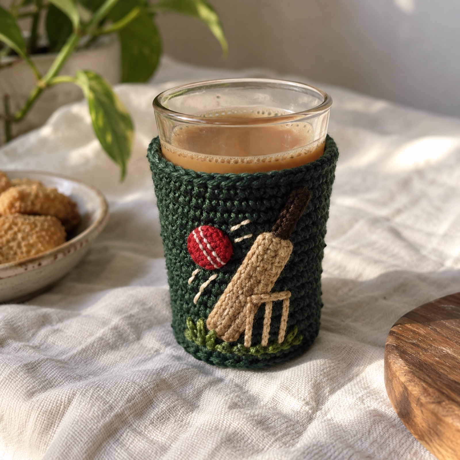 Howzat Chai Sleeve: handmade crochet cutting chai glass sleeve