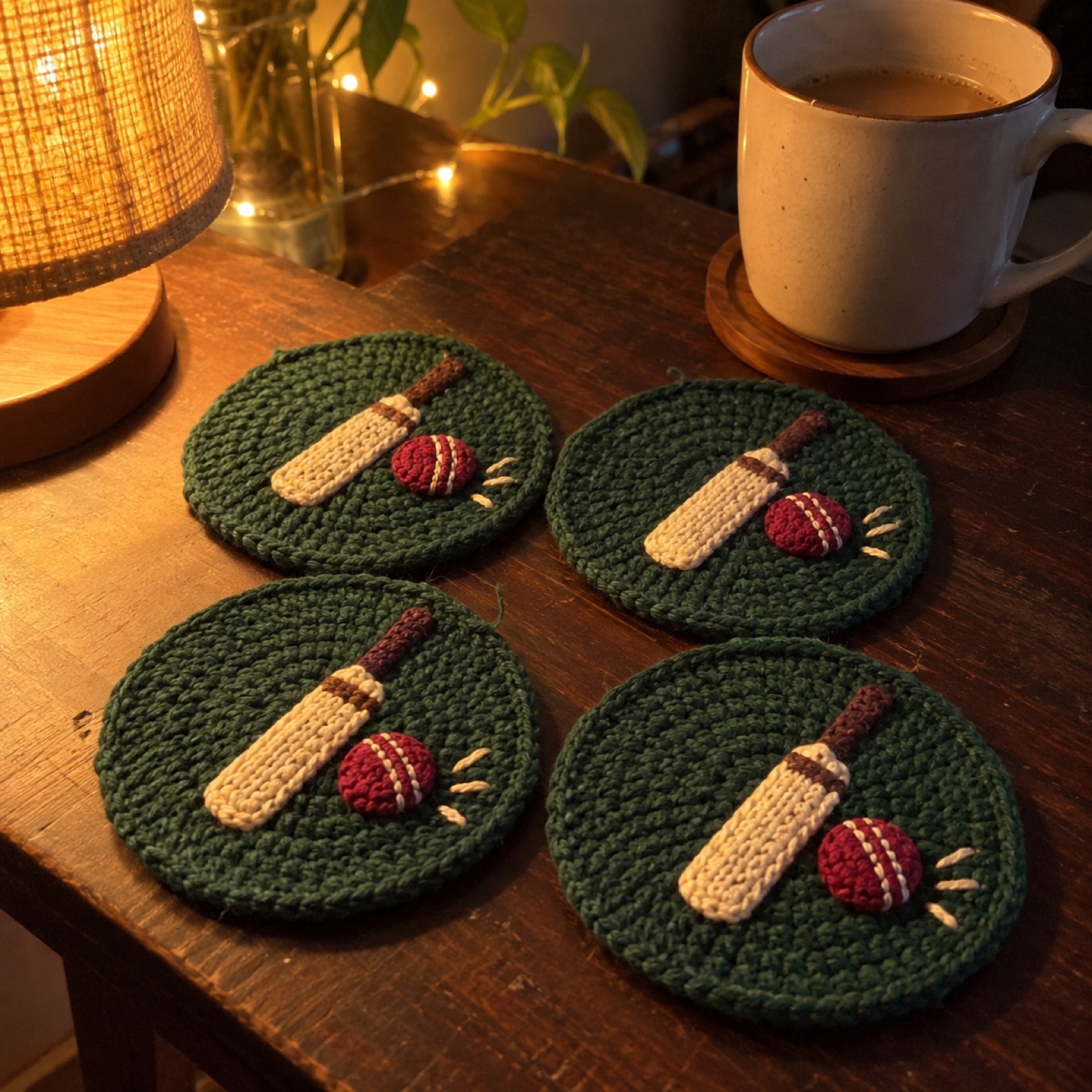 Bat & Ball Coaster Set: handmade crochet round coaster