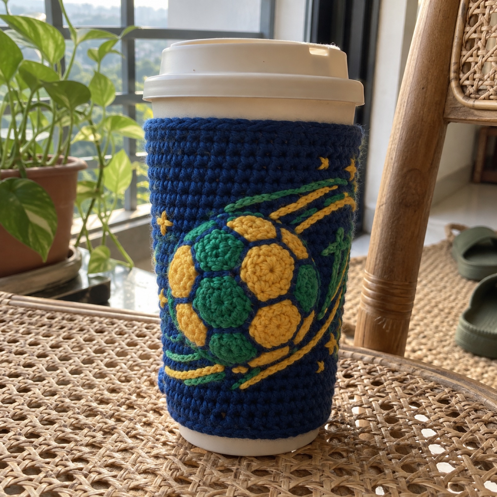 Brazil Green-Gold Sleeve: handmade crochet coffee cup sleeve