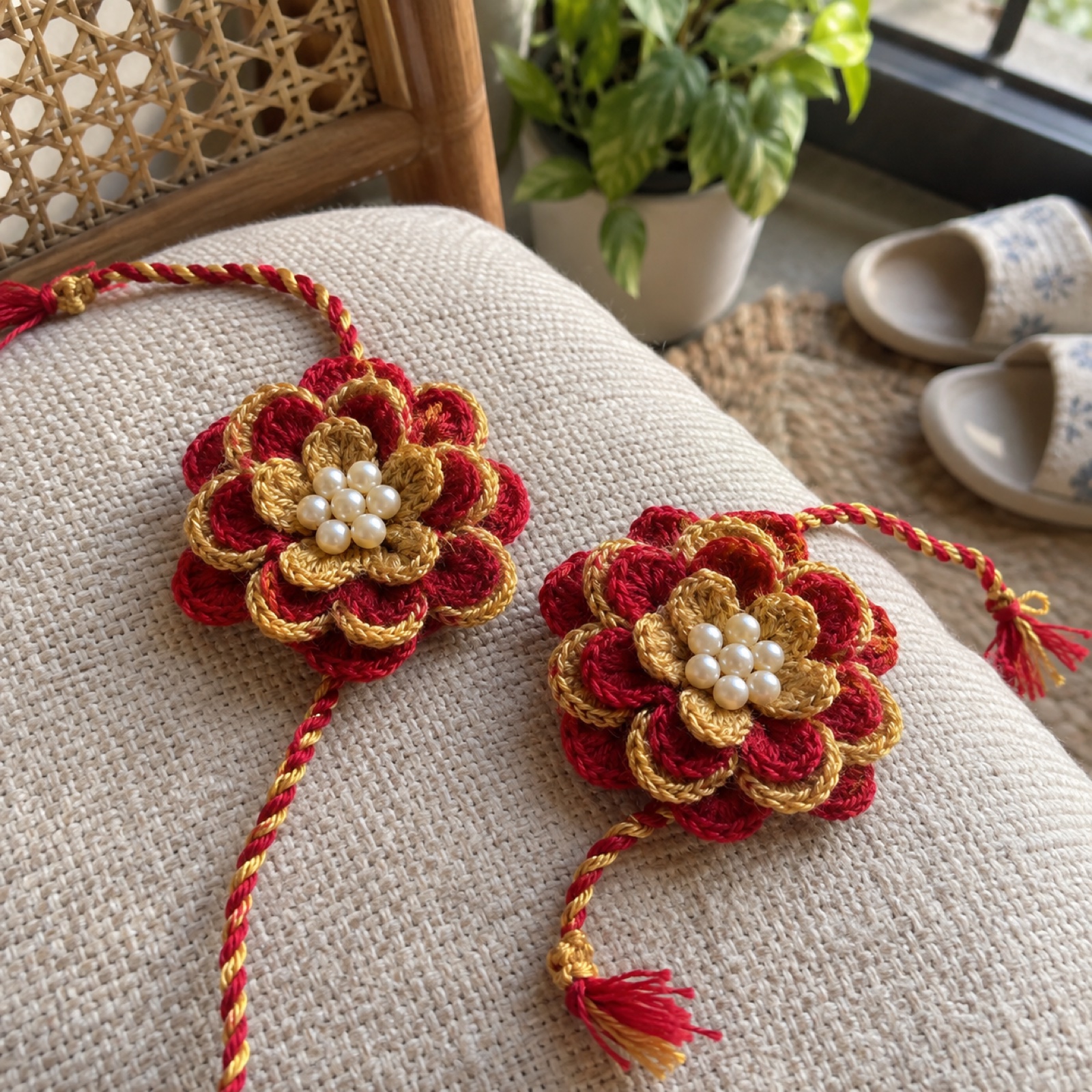 Crochet Rakhi Pair: handmade crochet in red, gold, cream