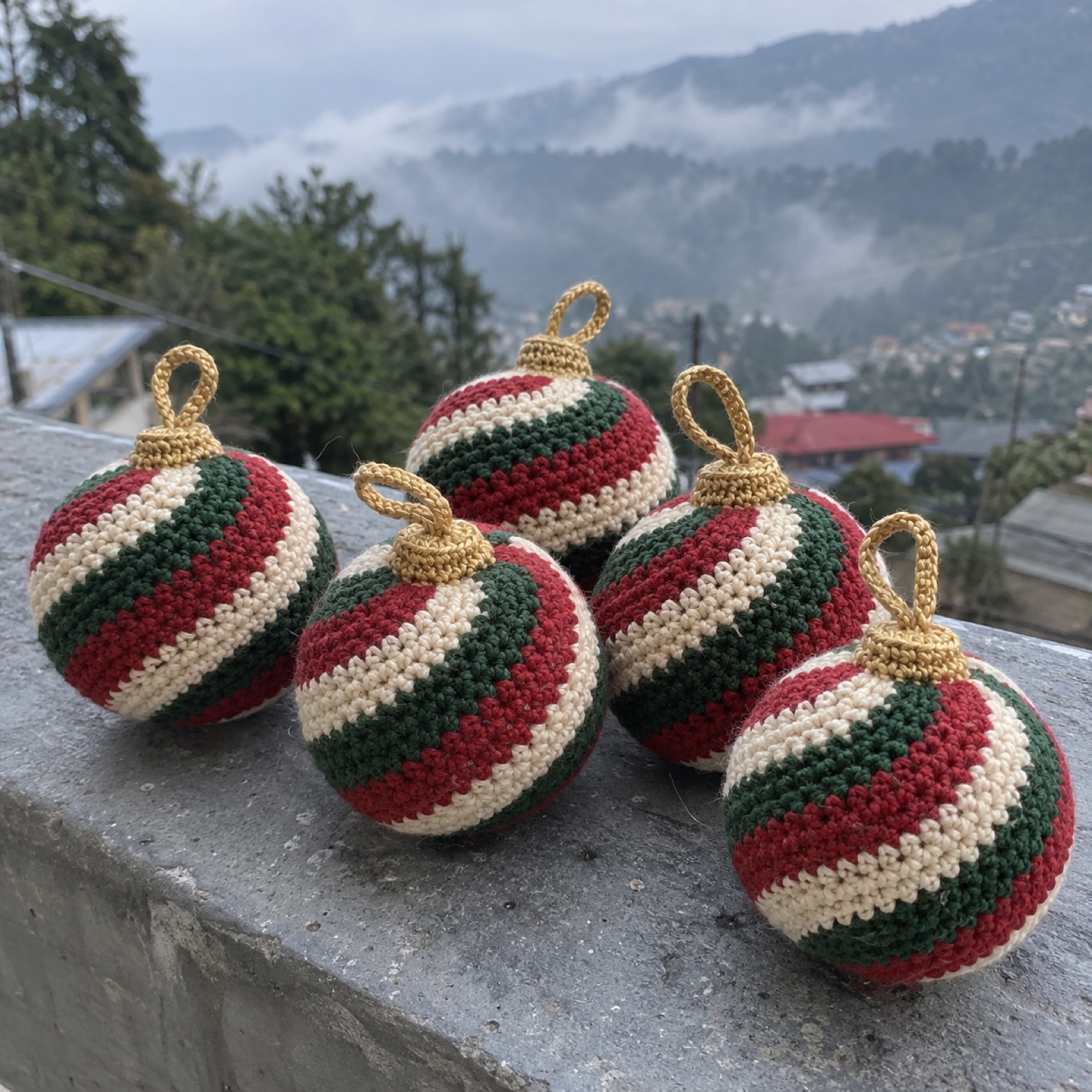 Spiral Christmas Ornament Set: handmade crochet in berry red, cream, pine green
