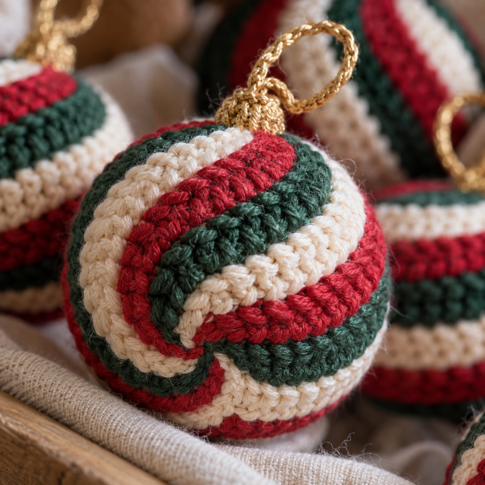 Close-up of the spiral stripe where red, cream and green meet on the Spiral Christmas Ornament Set
