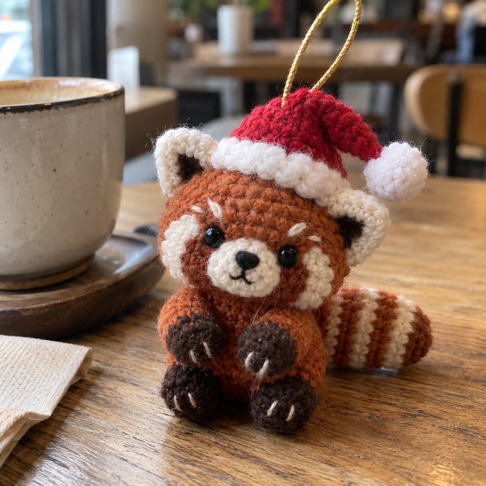 Red Panda Santa Ornament: handmade crochet in rust, cream, red, white