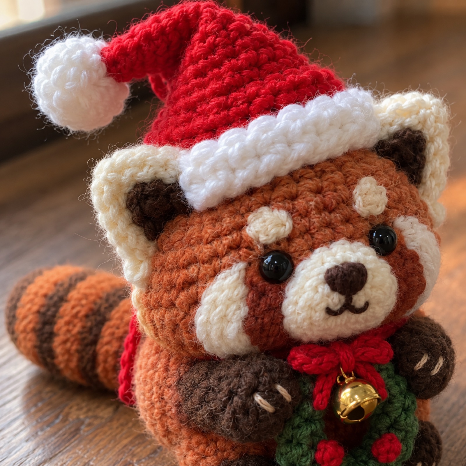 Close-up of the Santa hat brim and the red panda's cream face markings on the Red Panda Santa Ornament