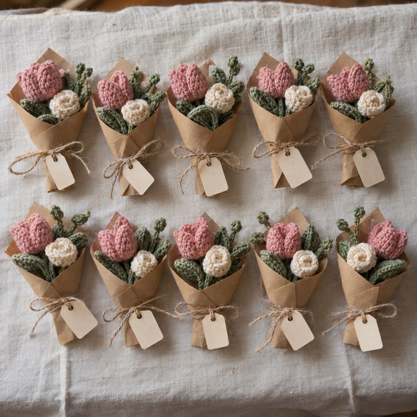 Wedding Mini Bouquet Favours (Set of 10): handmade crochet in blush, cream, sage, kraft