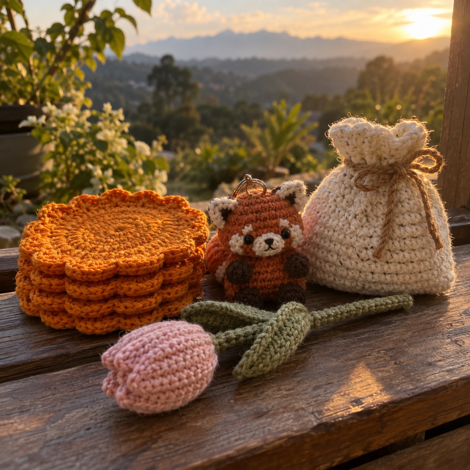 Festive Celebration Hamper: handmade crochet in marigold, cream, kraft, rust